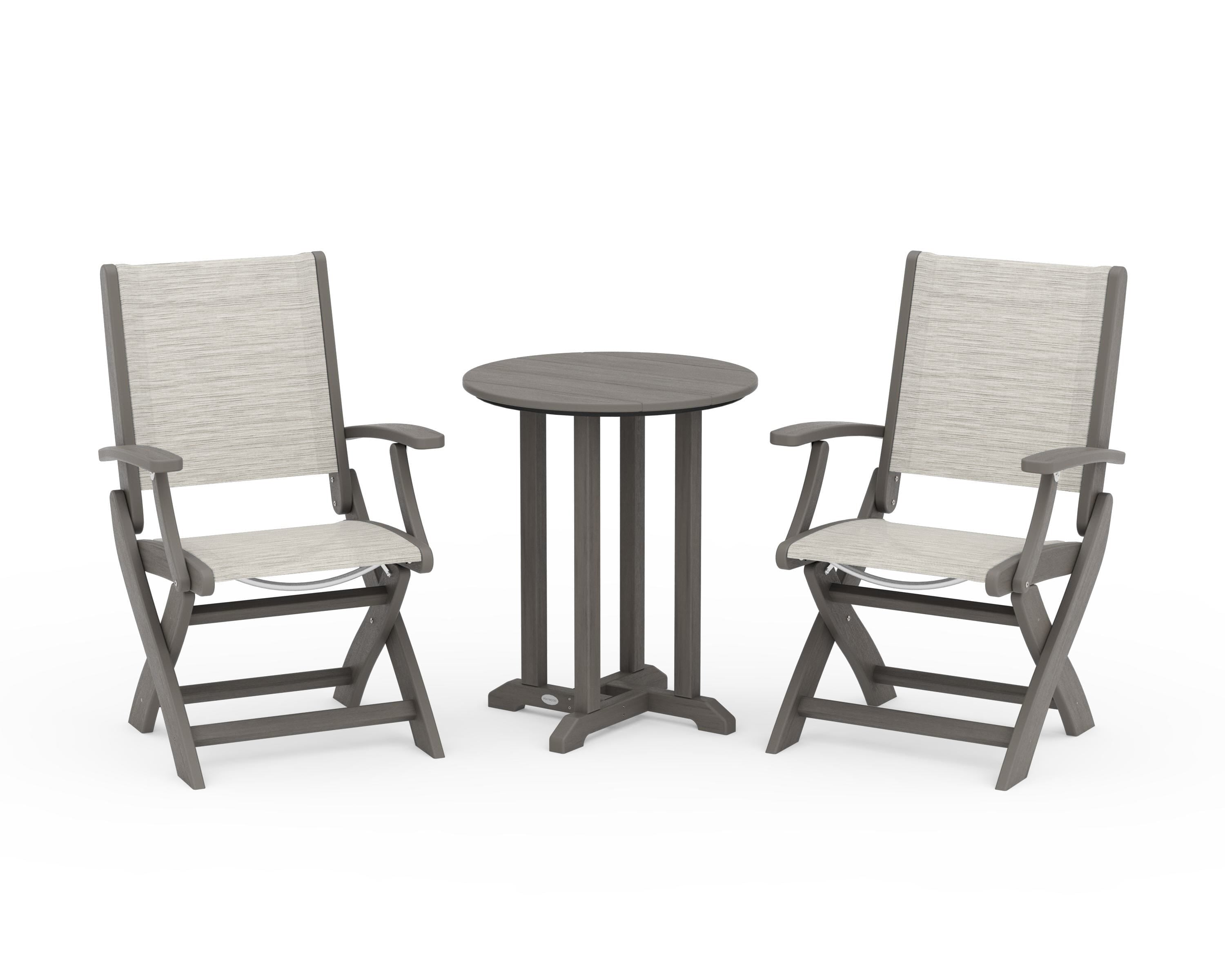 POLYWOOD Coastal Folding 3-Piece Round Bistro Dining Set in Driftwood / Birch Sling