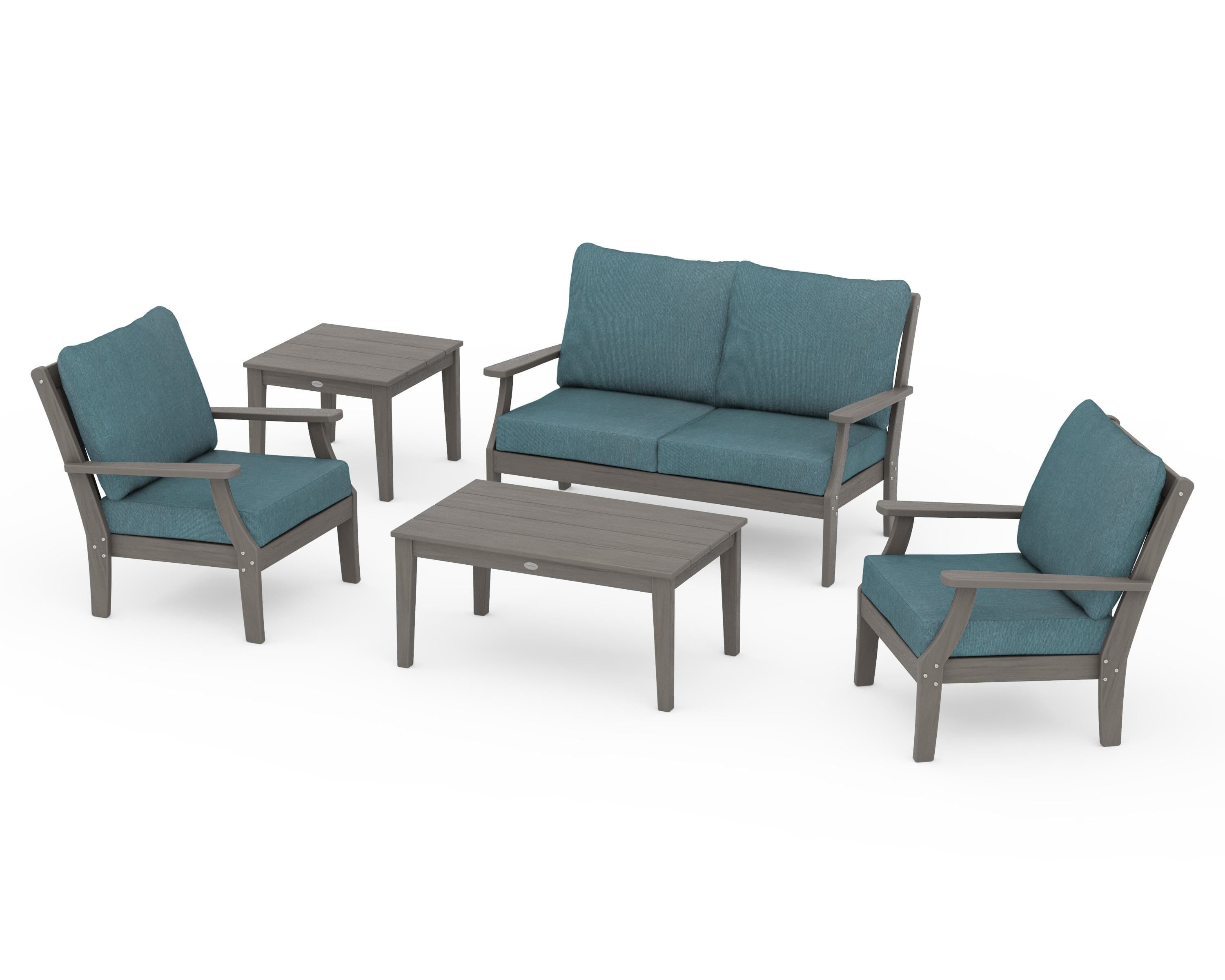 POLYWOOD Braxton 5-Piece Deep Seating Set in Driftwood / Ocean Teal