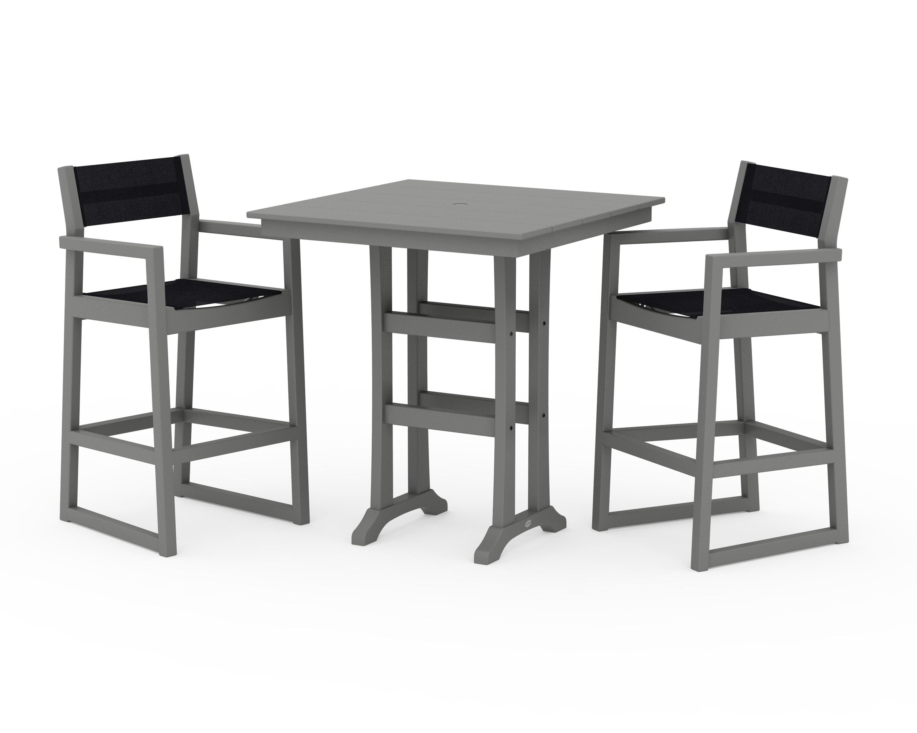 POLYWOOD EDGE Sling Arm Chair 3-Piece Farmhouse Bar Set with Trestle Legs in Slate Grey / Black Sling