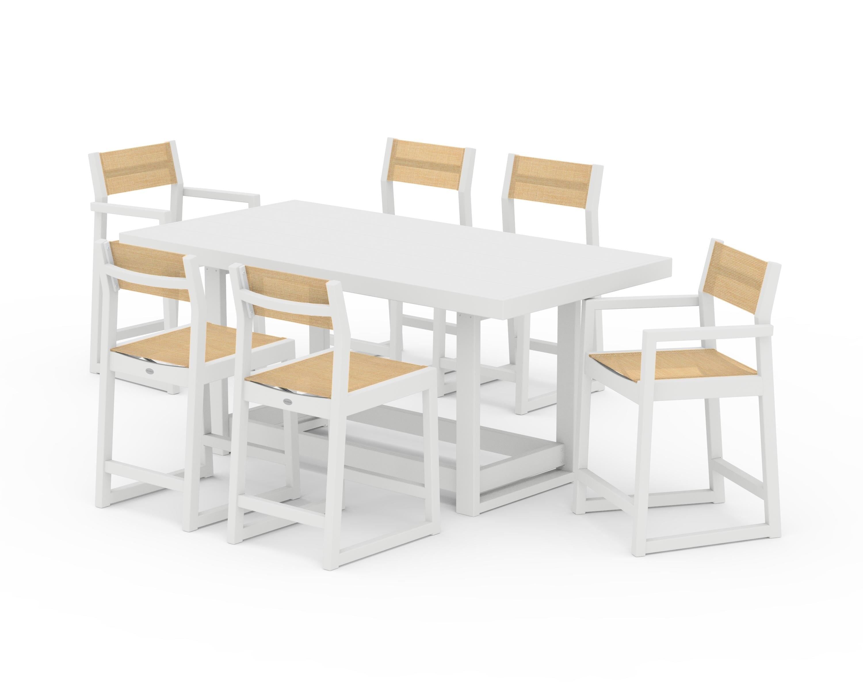 POLYWOOD EDGE Sling 7-Piece Counter Table Set in White / Dupioni Apricot Sling