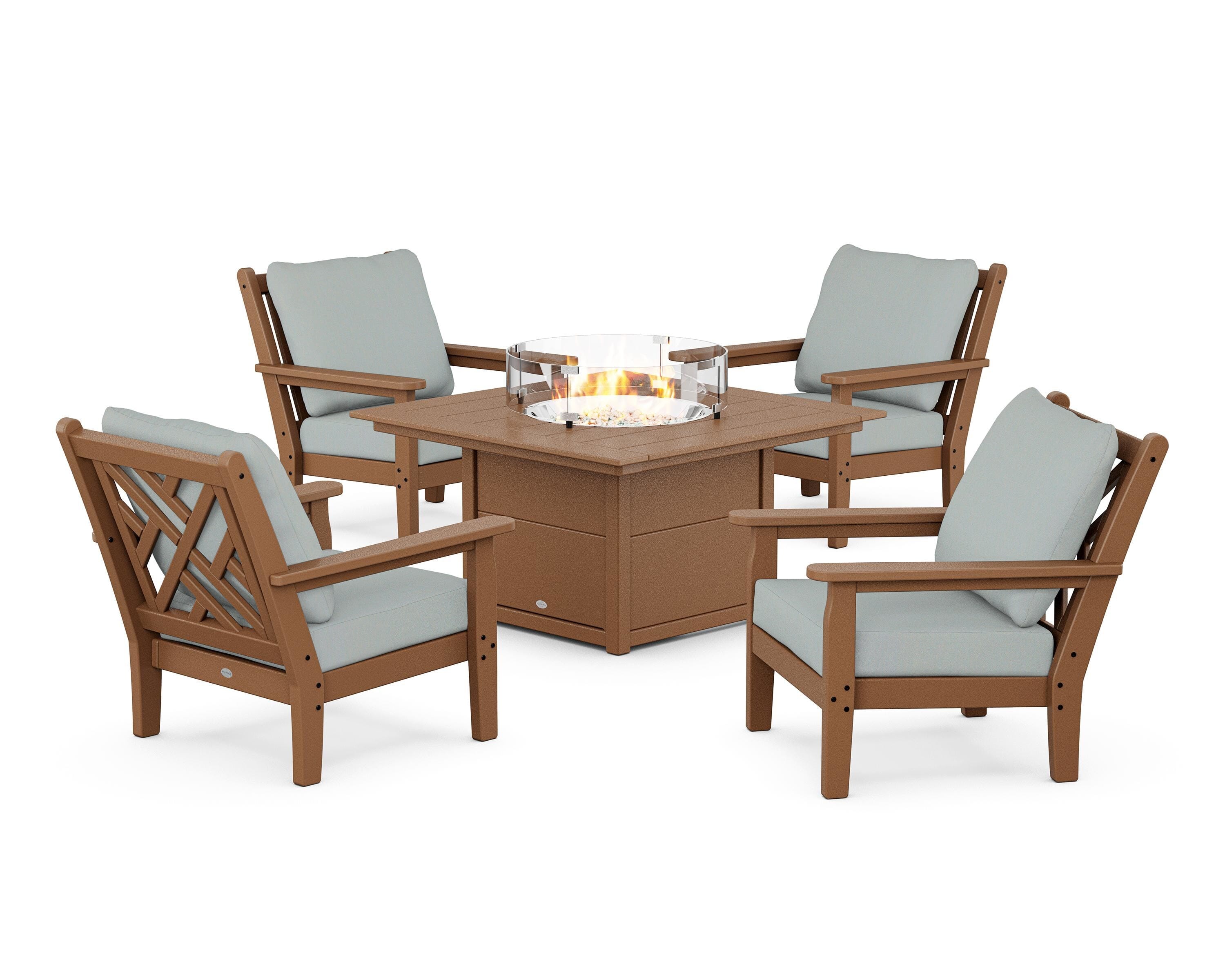 POLYWOOD Chippendale 5-Piece Deep Seating Set with Fire Pit Table in Teak / Spa