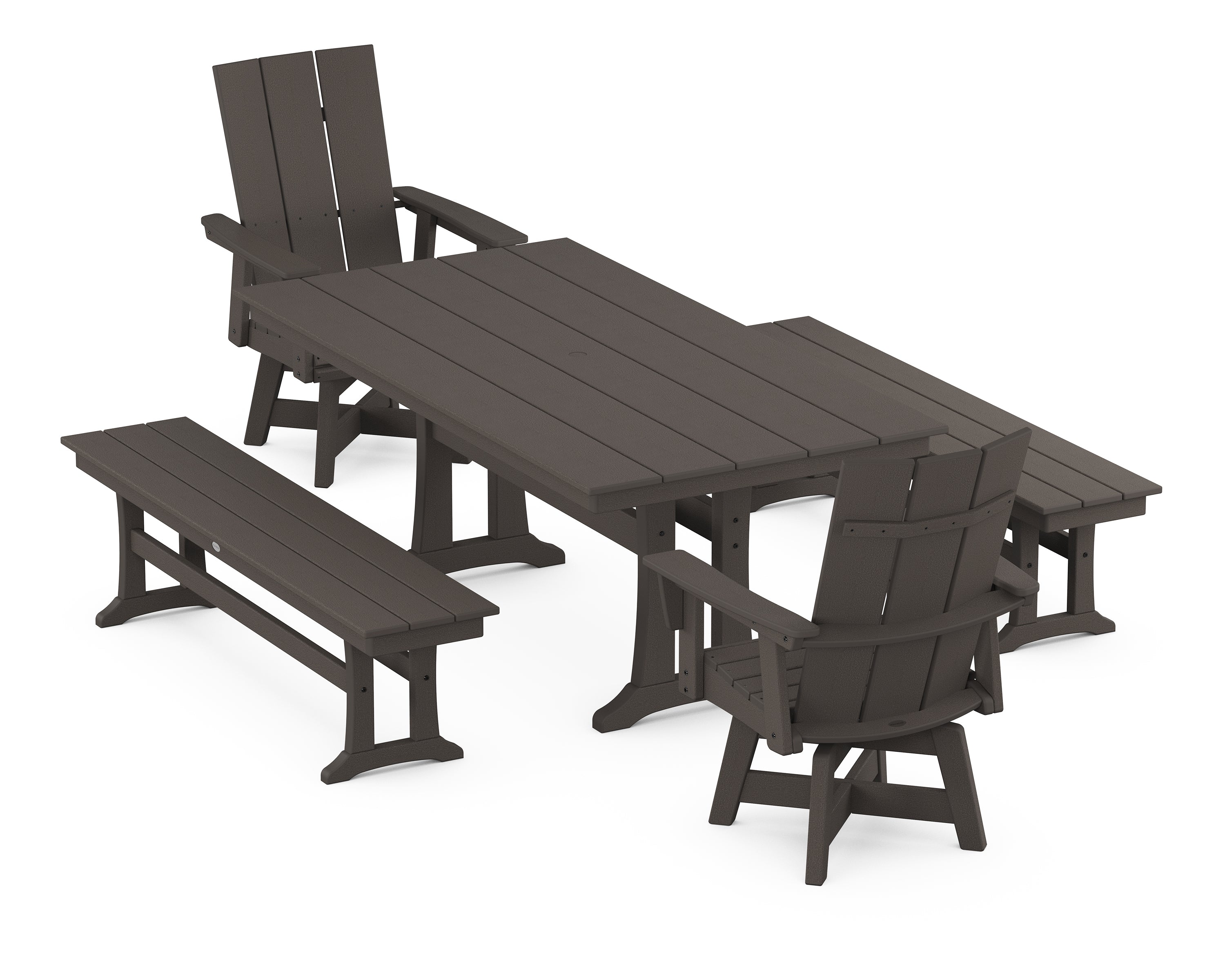 POLYWOOD® Modern Curveback Adirondack Swivel Chair 5-Piece Farmhouse Dining Set With Trestle Legs and Benches in Vintage Coffee