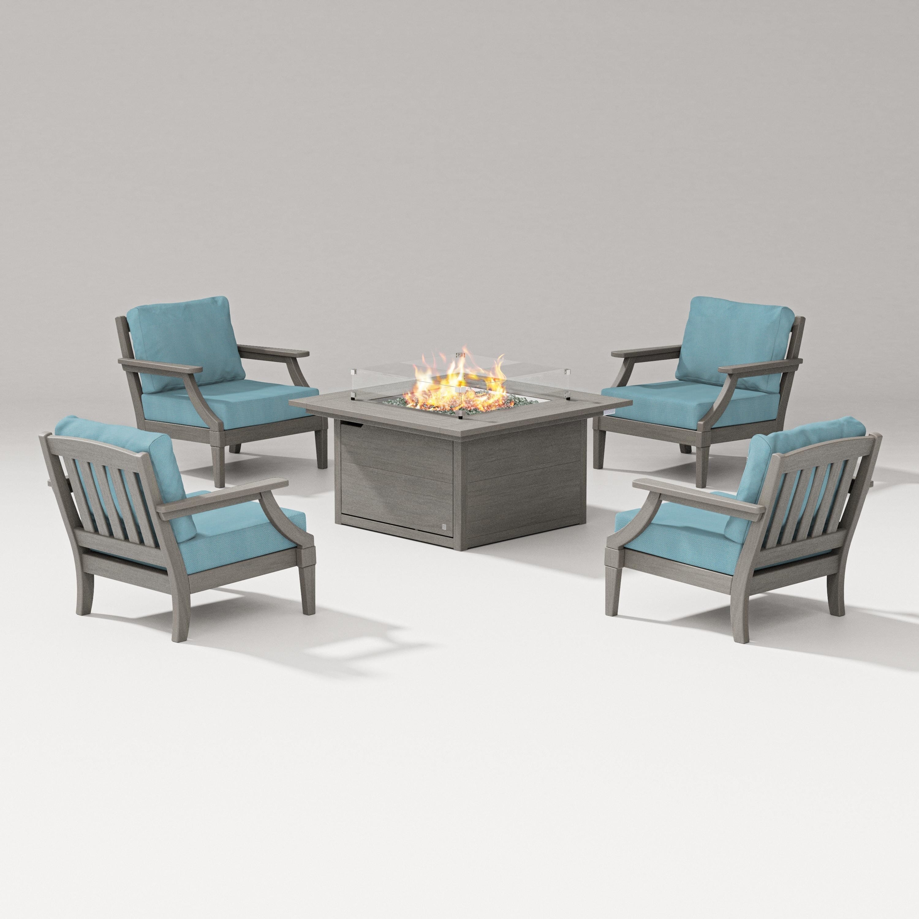 PW Designer Series Estate 5-Piece Lounge Fire Table Set in Driftwood / Lattice Sky Blue