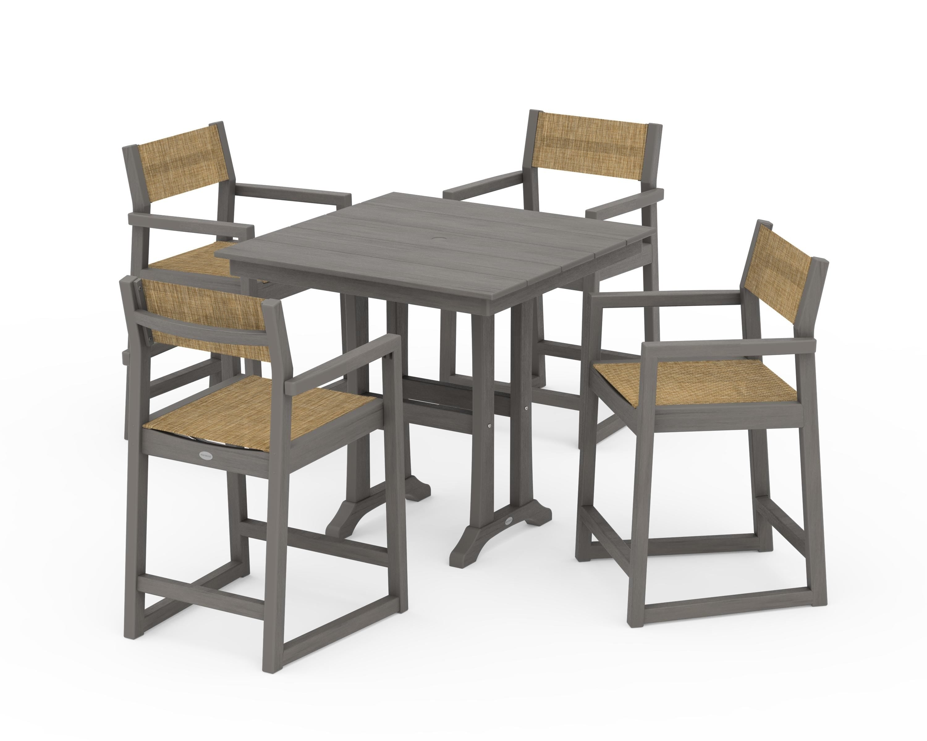 POLYWOOD EDGE Sling Arm Chair 5-Piece Farmhouse Counter Set with Trestle Legs in Driftwood / Burlap Sling