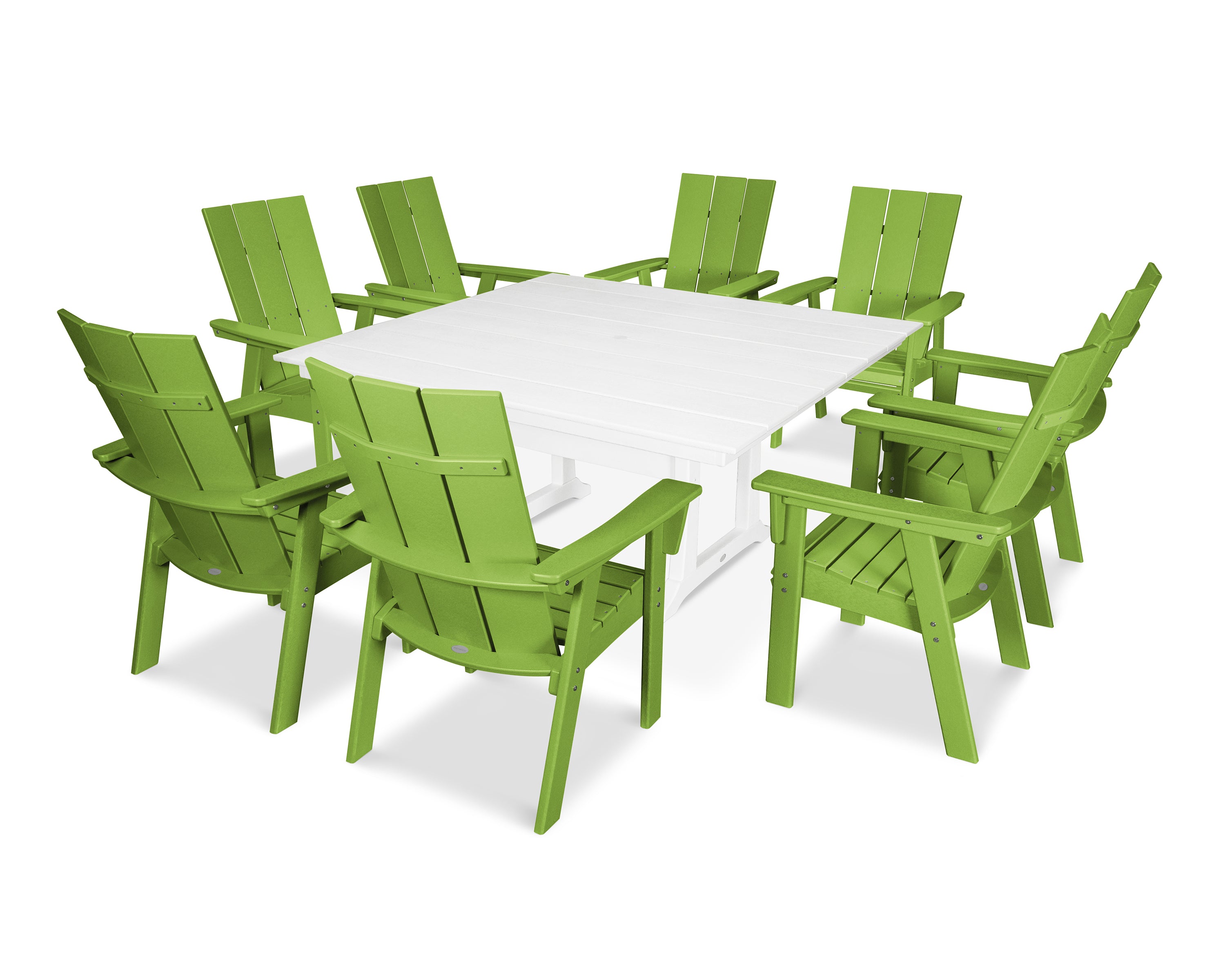 POLYWOOD® Modern Curveback Adirondack 9-Piece Farmhouse Trestle Dining Set in Lime / White