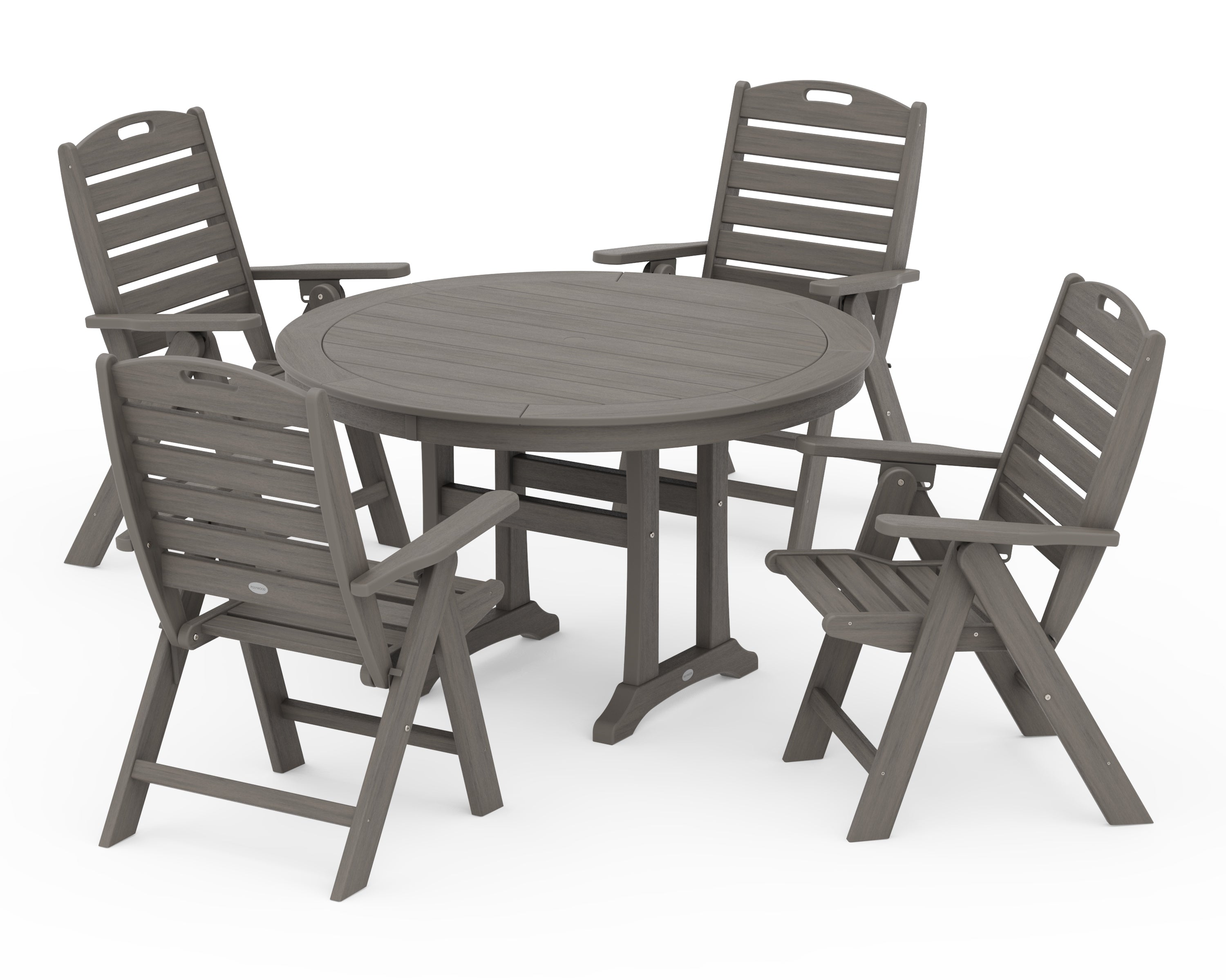 POLYWOOD Nautical Highback Chair 5-Piece Round Dining Set with Trestle Legs in Driftwood