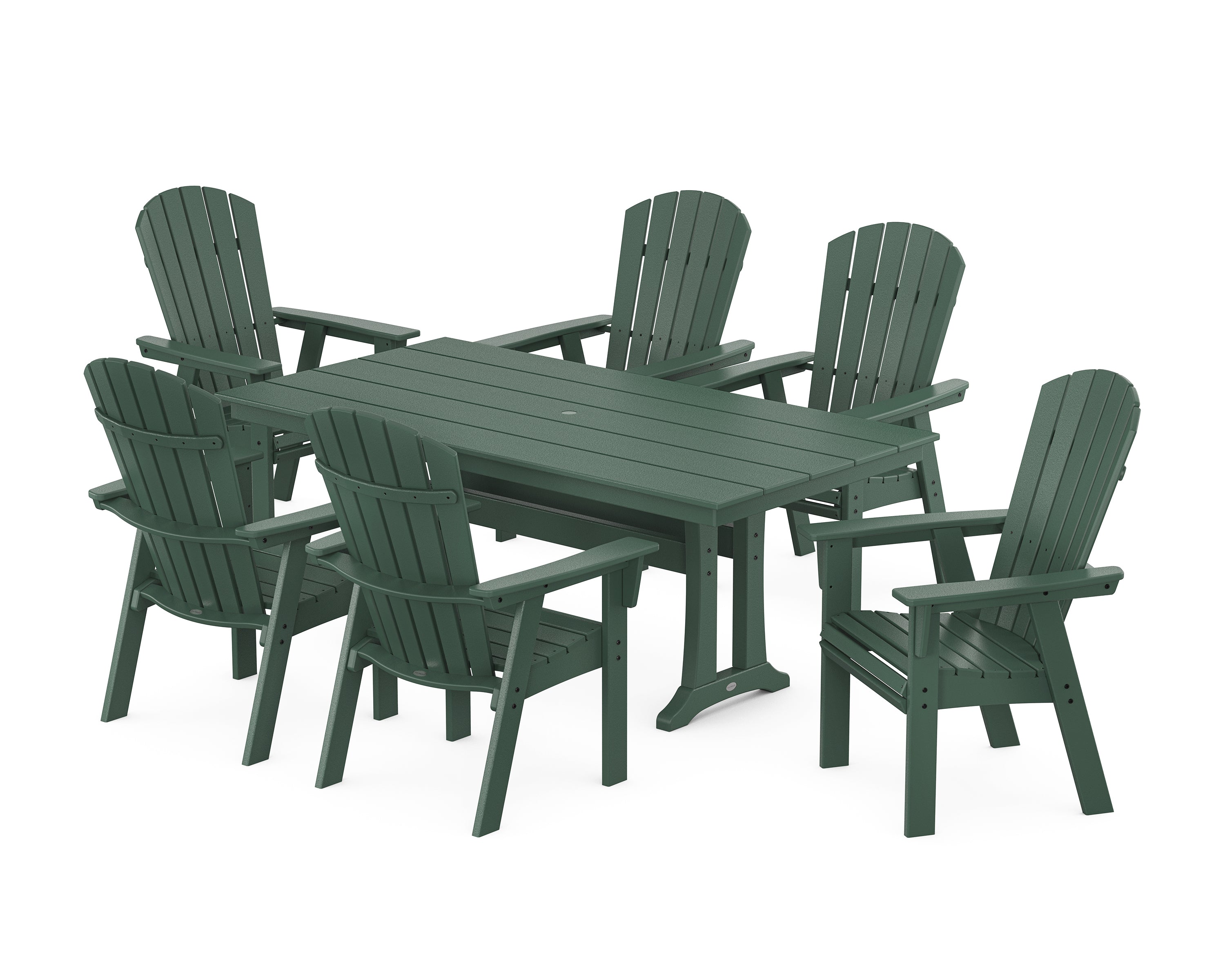 POLYWOOD Nautical Curveback Adirondack 7-Piece Farmhouse Dining Set with Trestle Legs in Green