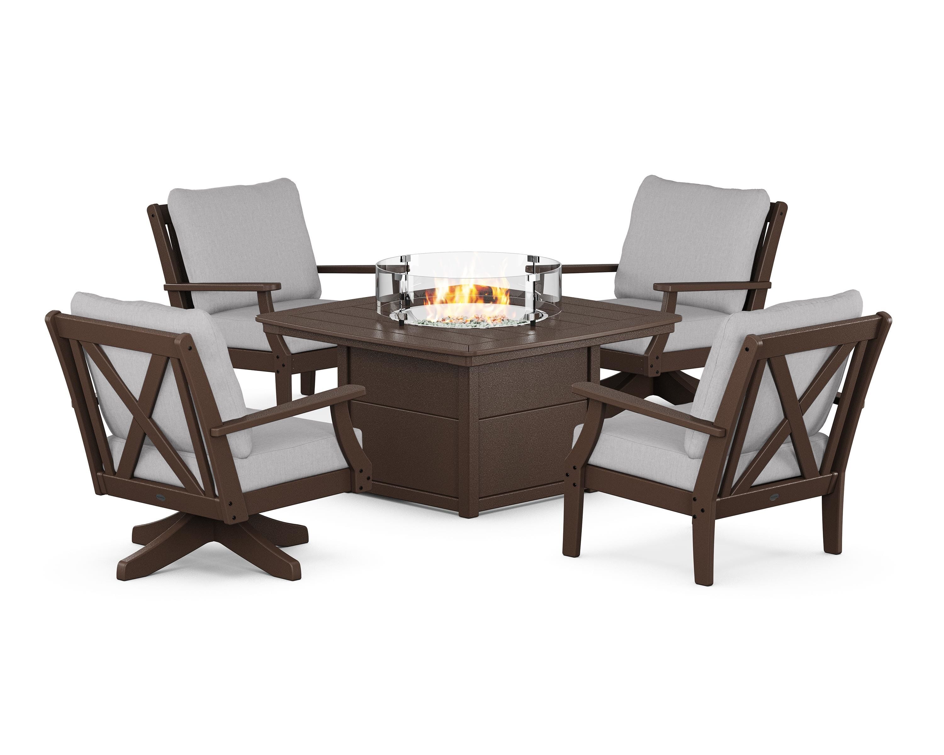 POLYWOOD Braxton 5-Piece Deep Seating Set with Fire Table in Mahogany / Granite