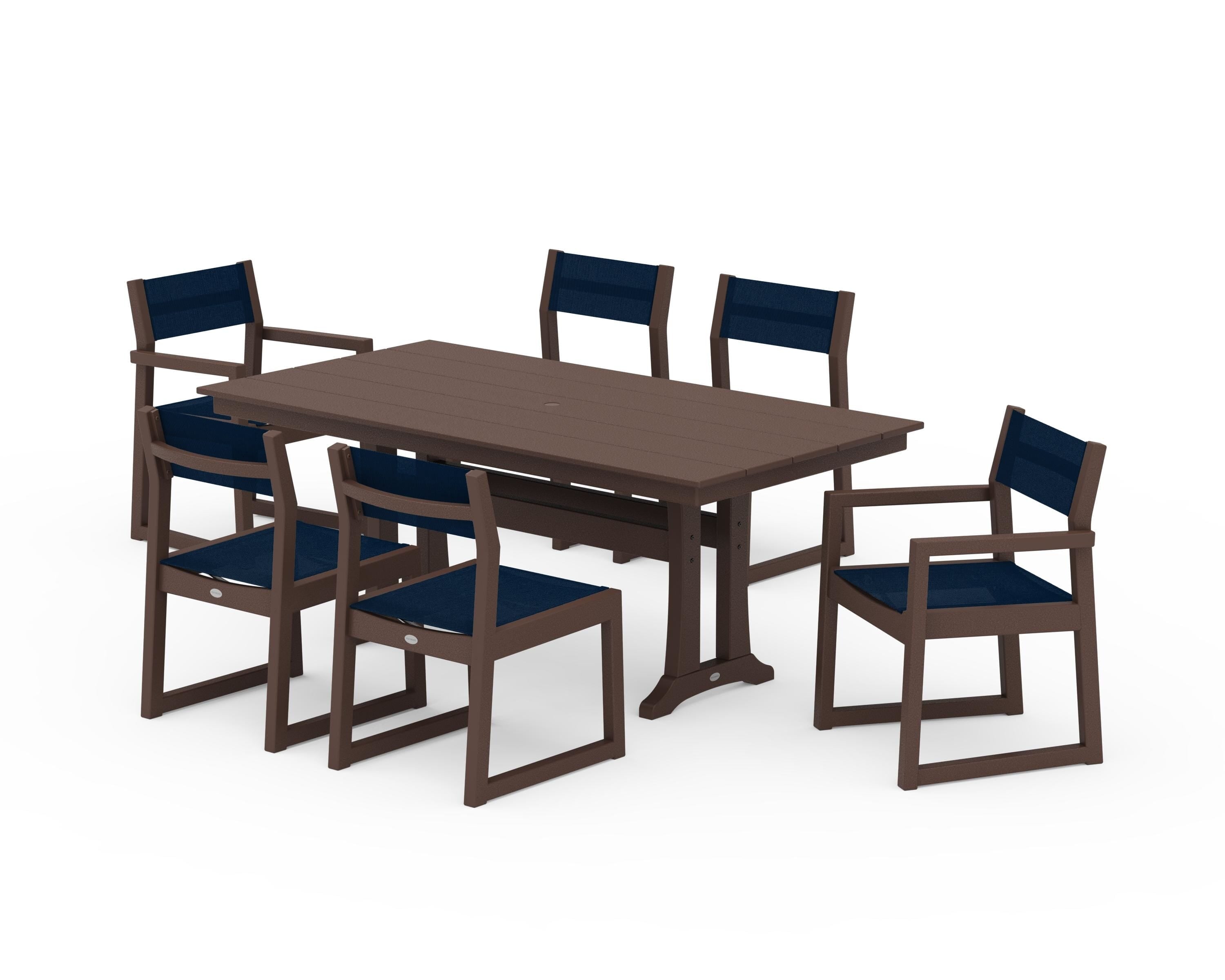 POLYWOOD EDGE Sling 7-Piece Farmhouse Trestle Dining Set in Mahogany / Navy Blue Sling