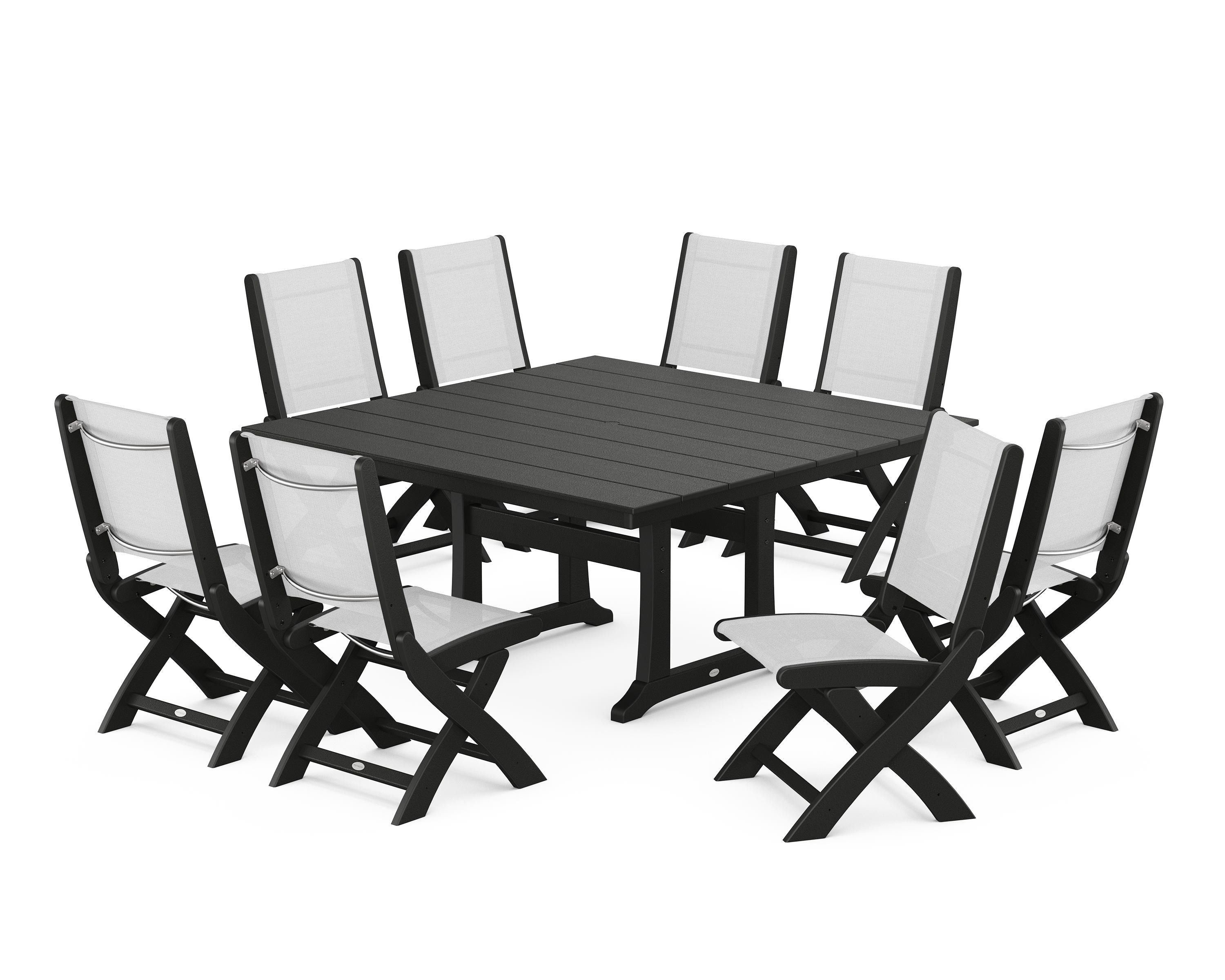 POLYWOOD Coastal Folding Side Chair 9-Piece Farmhouse Dining Set in Black / White Sling