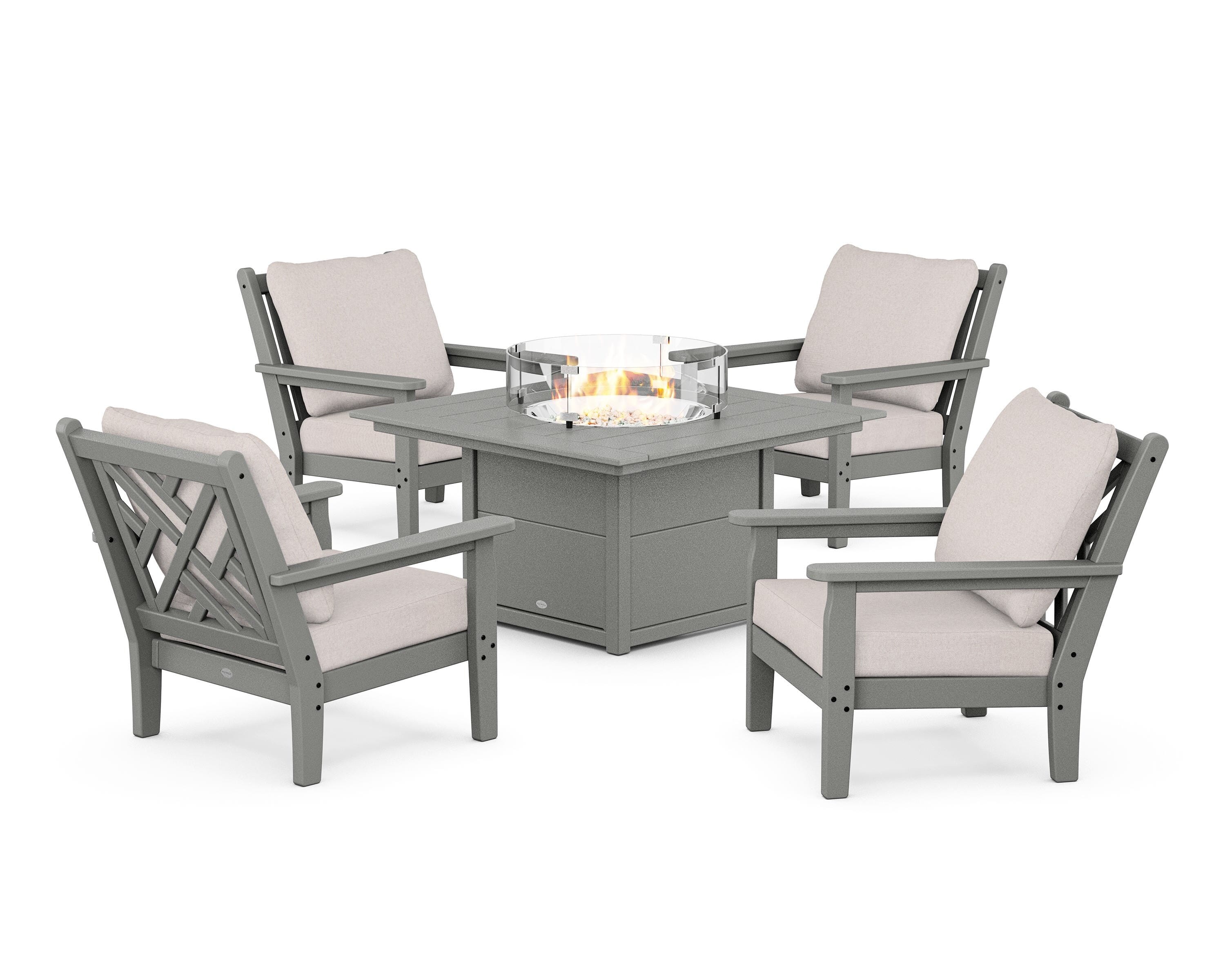 POLYWOOD Chippendale 5-Piece Deep Seating Set with Fire Pit Table in Slate Grey / Dune Burlap