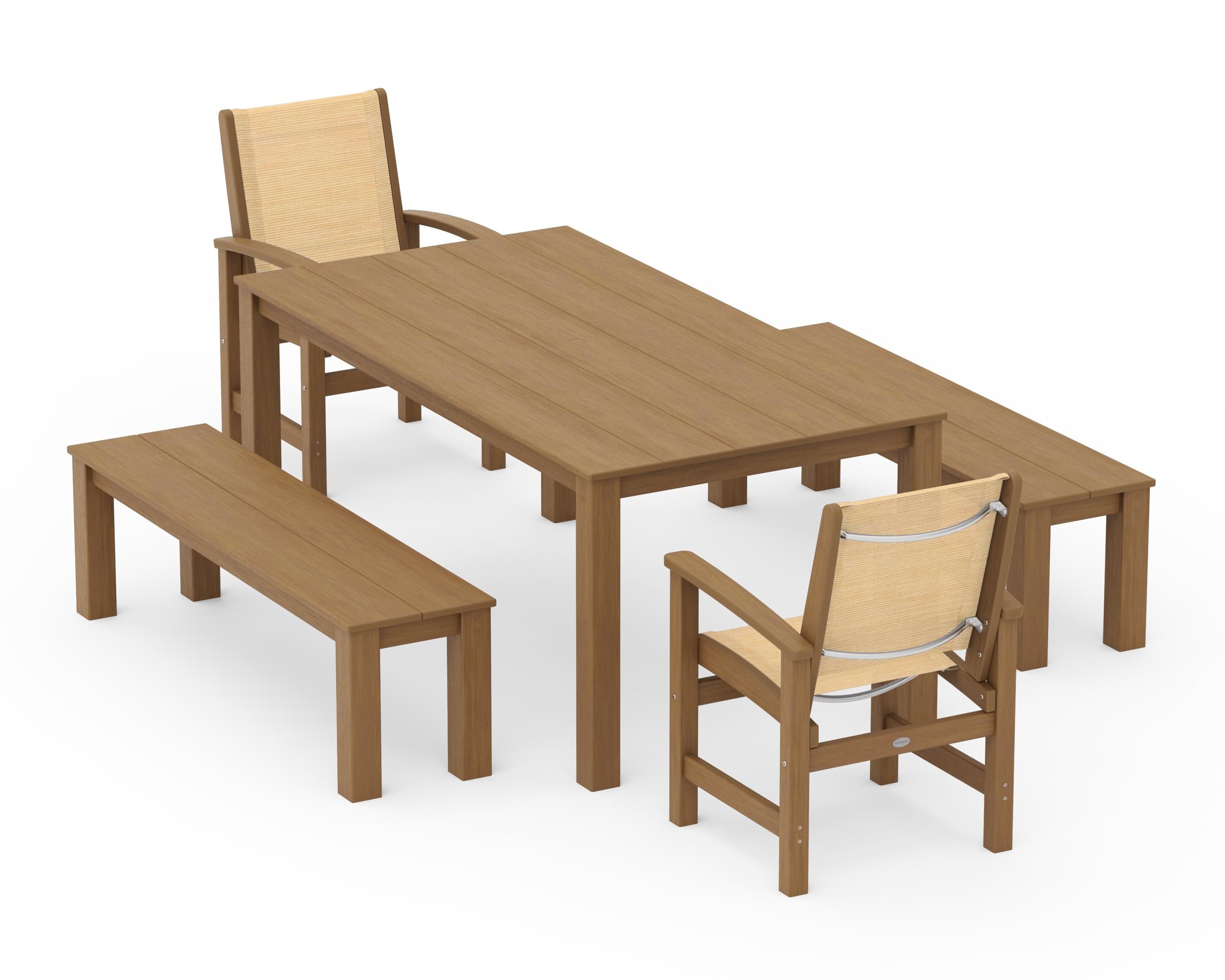 POLYWOOD Coastal 5-Piece Parsons Dining Set with Benches in Natural / Dupioni Apricot Sling