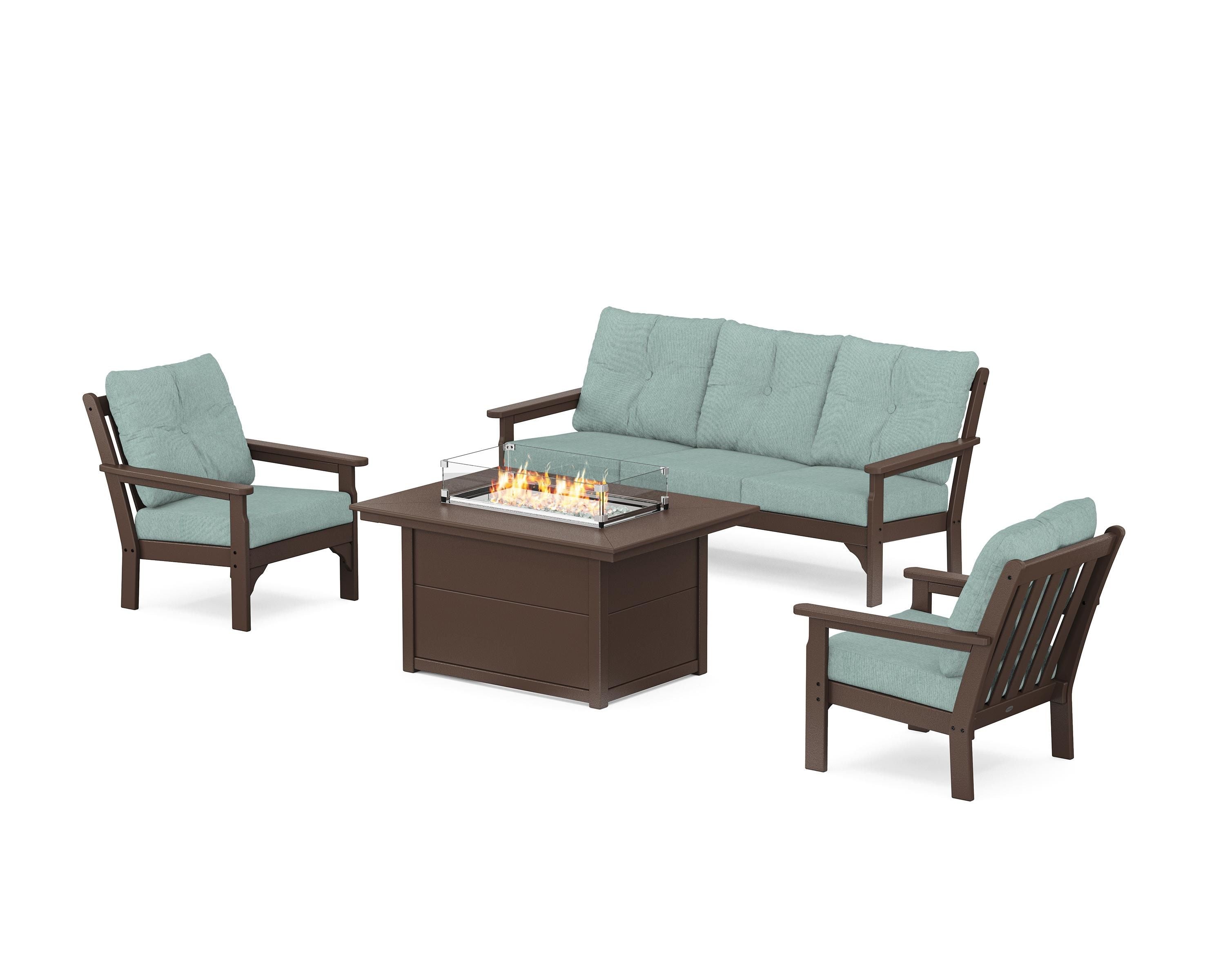 POLYWOOD Vineyard Deep Seating Fire Pit Table Set in Mahogany / Glacier Spa