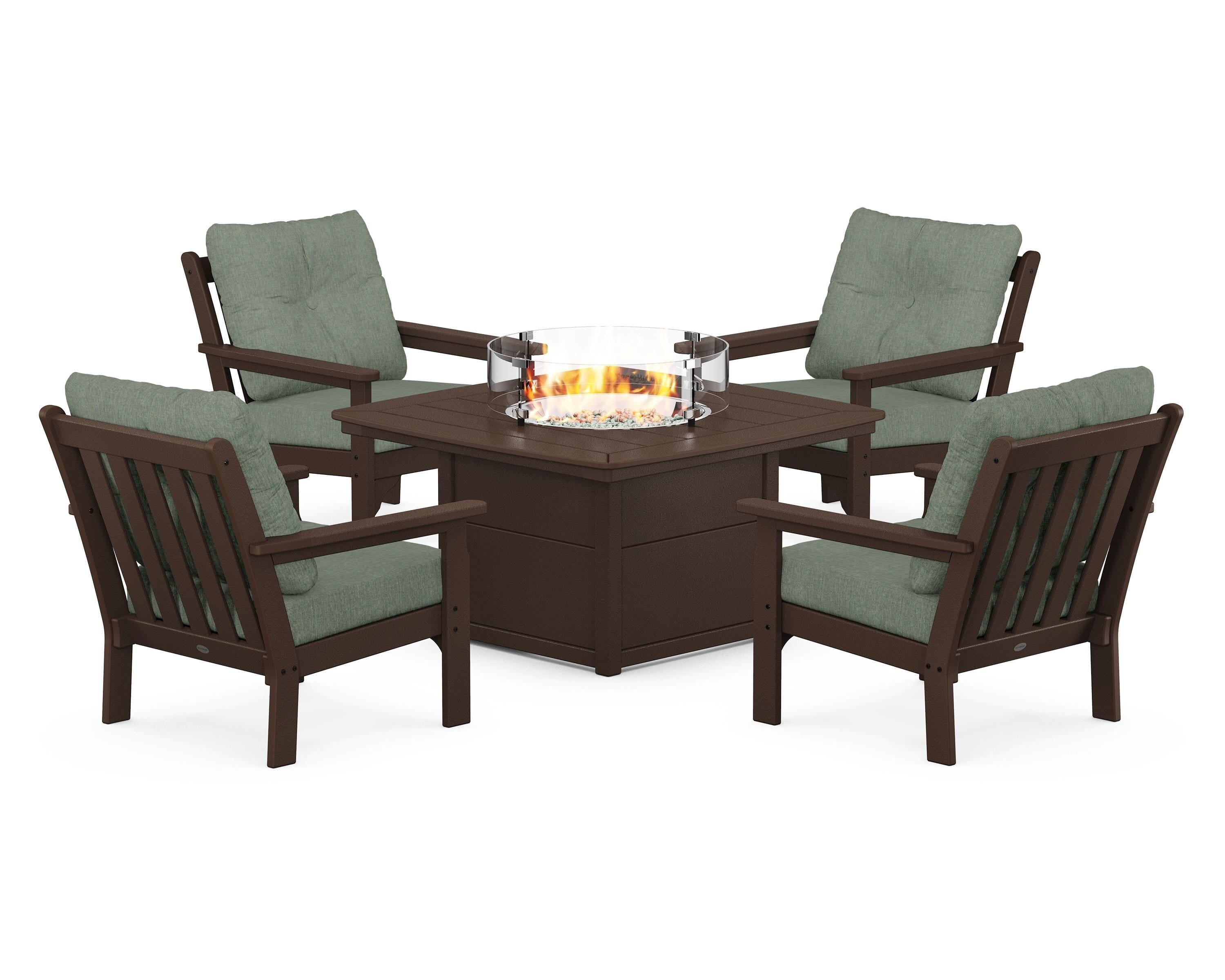 POLYWOOD Vineyard 5-Piece Conversation Set with Fire Pit Table in Mahogany / Cast Sage
