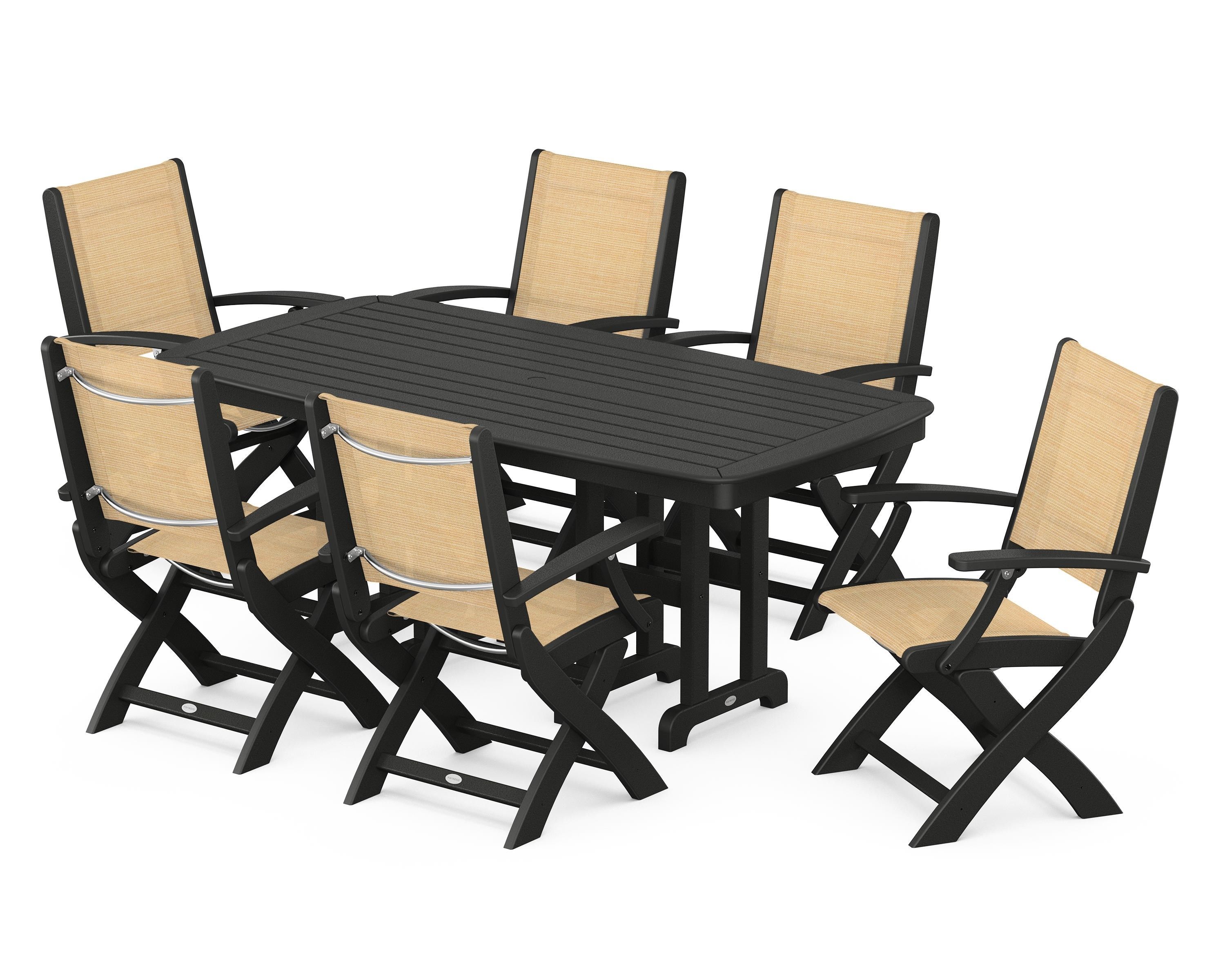 POLYWOOD Coastal Folding Arm Chair 7-Piece Dining Set in Black / Dupioni Apricot Sling