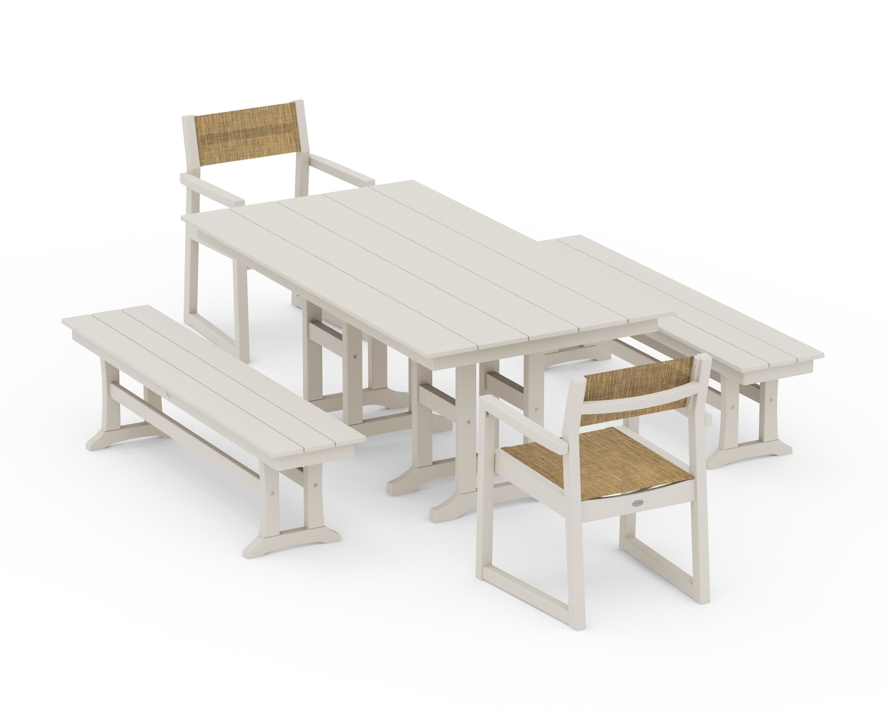 POLYWOOD EDGE Sling Arm Chair 5-Piece Farmhouse Dining Set with Benches in Sand / Burlap Sling