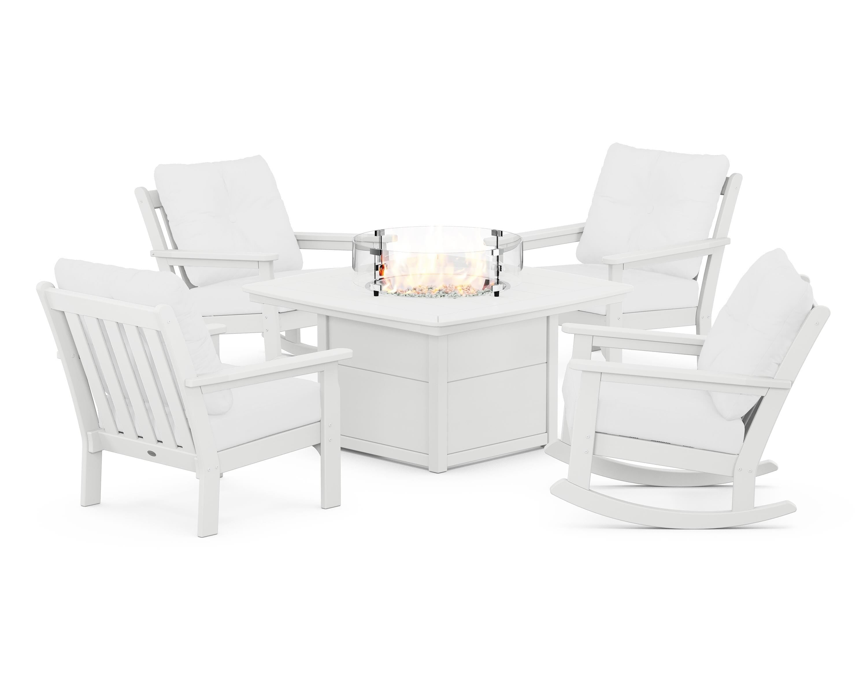 POLYWOOD Vineyard 5-Piece Deep Seating Rocking Chair Conversation Set with Fire Pit Table in White / Natural