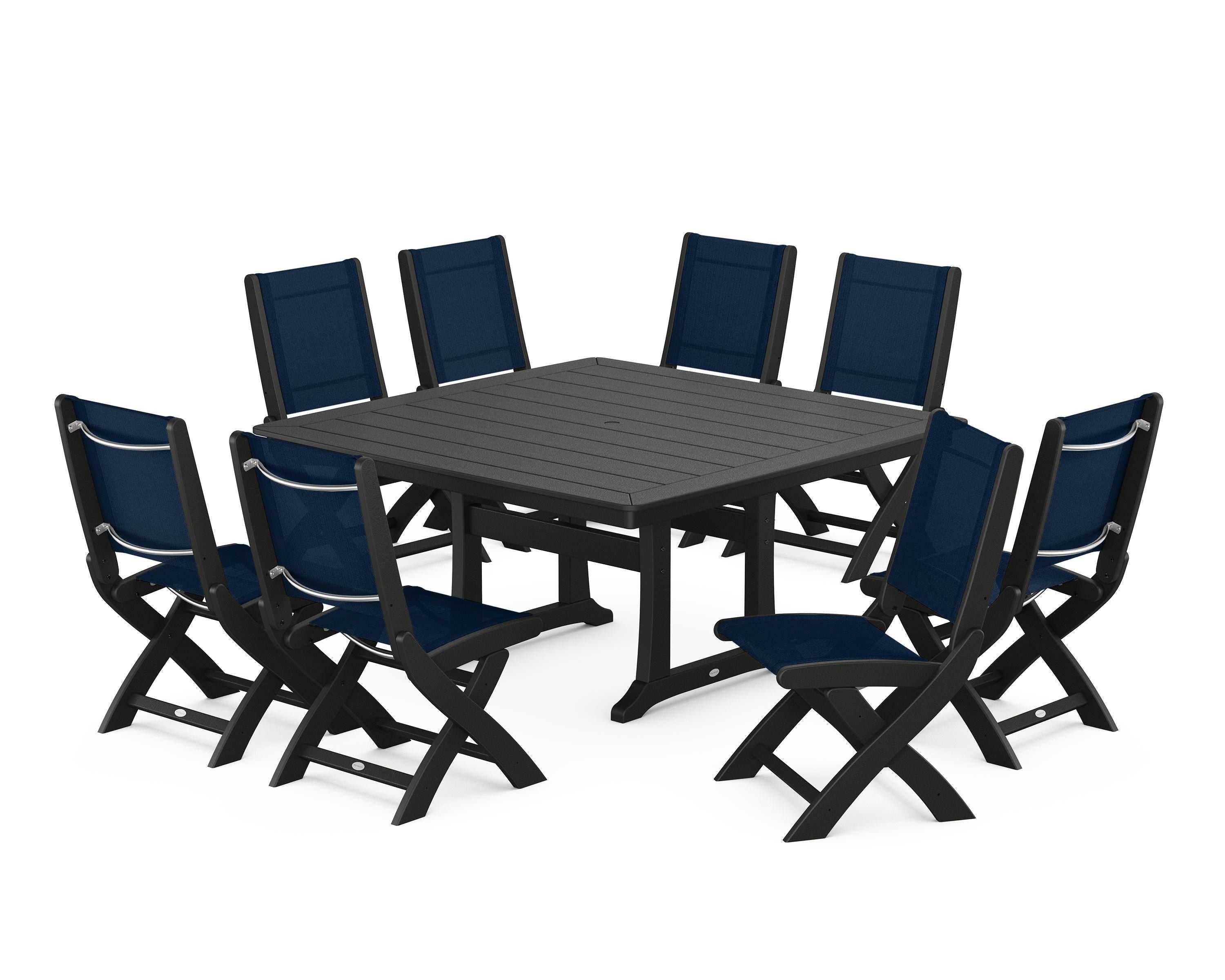 POLYWOOD Coastal Folding Side Chair 9-Piece Dining Set with Trestle Legs in Black / Navy Blue Sling