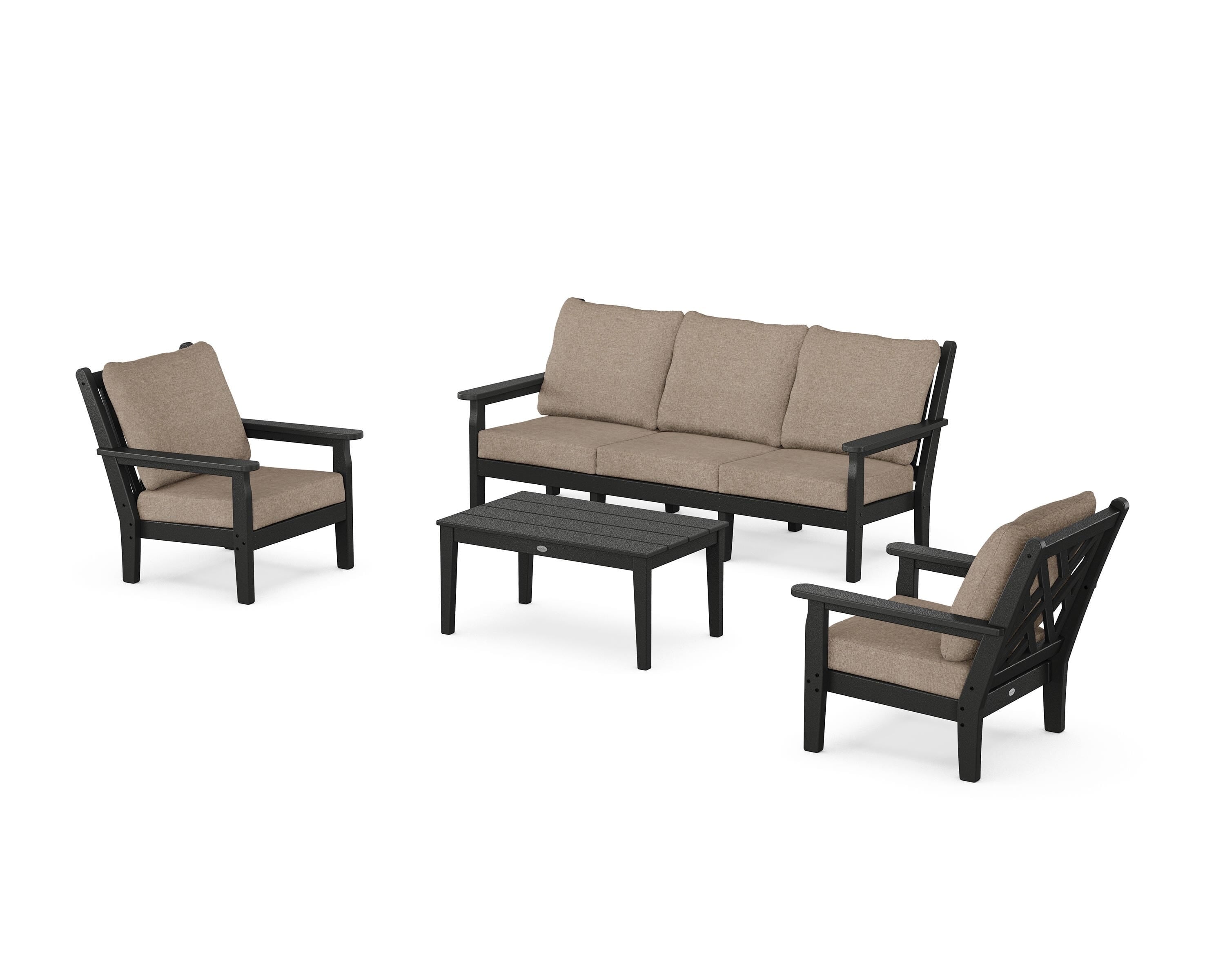 POLYWOOD Chippendale 4-Piece Deep Seating Set with Sofa in Black / Spiced Burlap