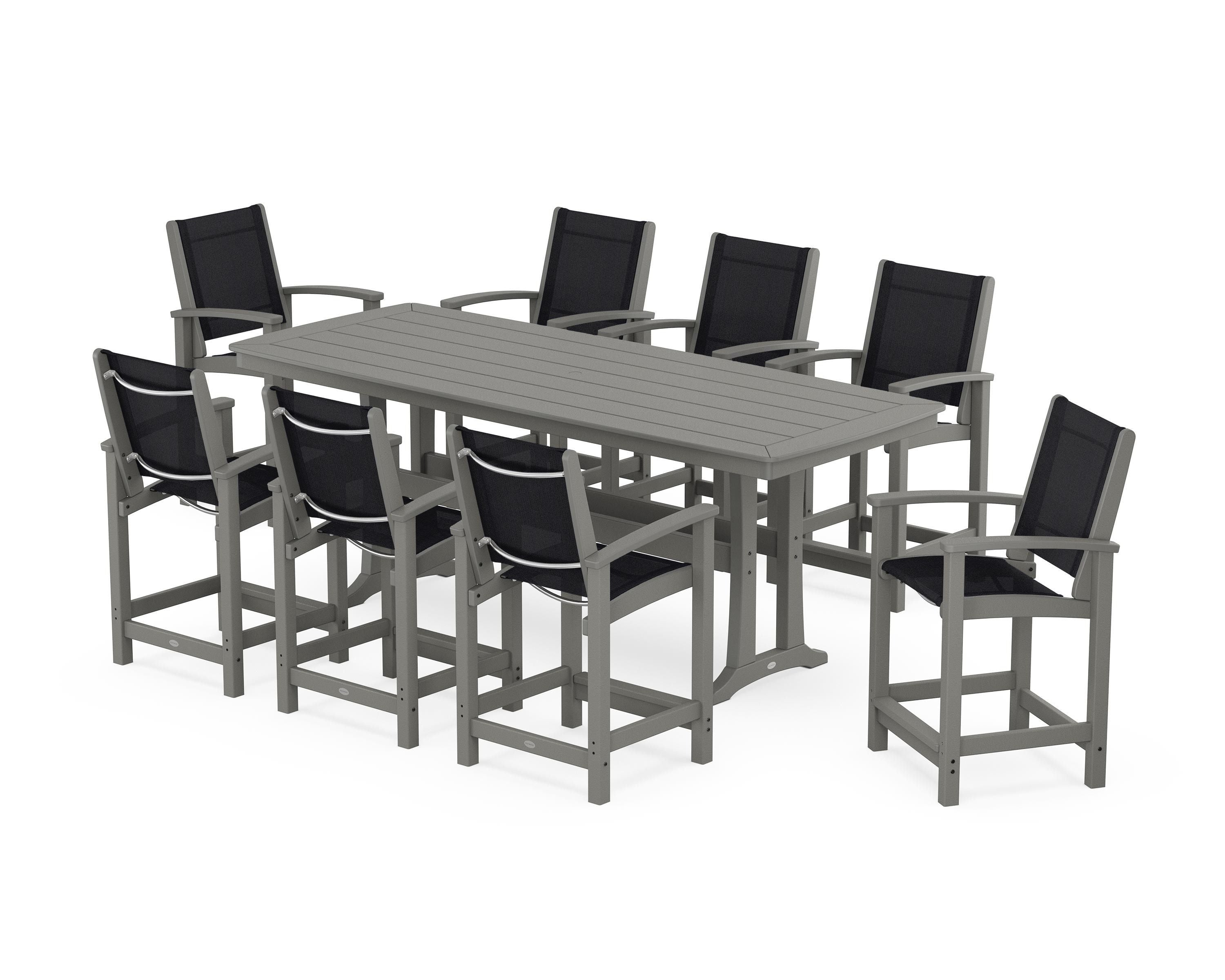POLYWOOD Coastal 9-Piece Counter Set with Trestle Legs in Slate Grey / Black Sling