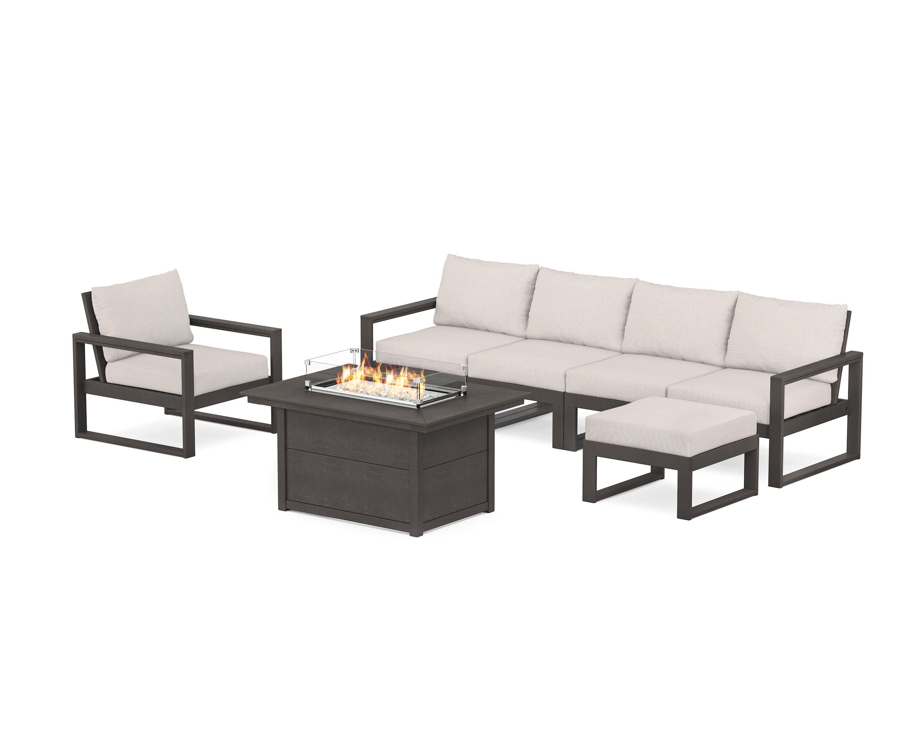 POLYWOOD EDGE Sectional Lounge and Fire Pit Set in Vintage Coffee / Dune Burlap