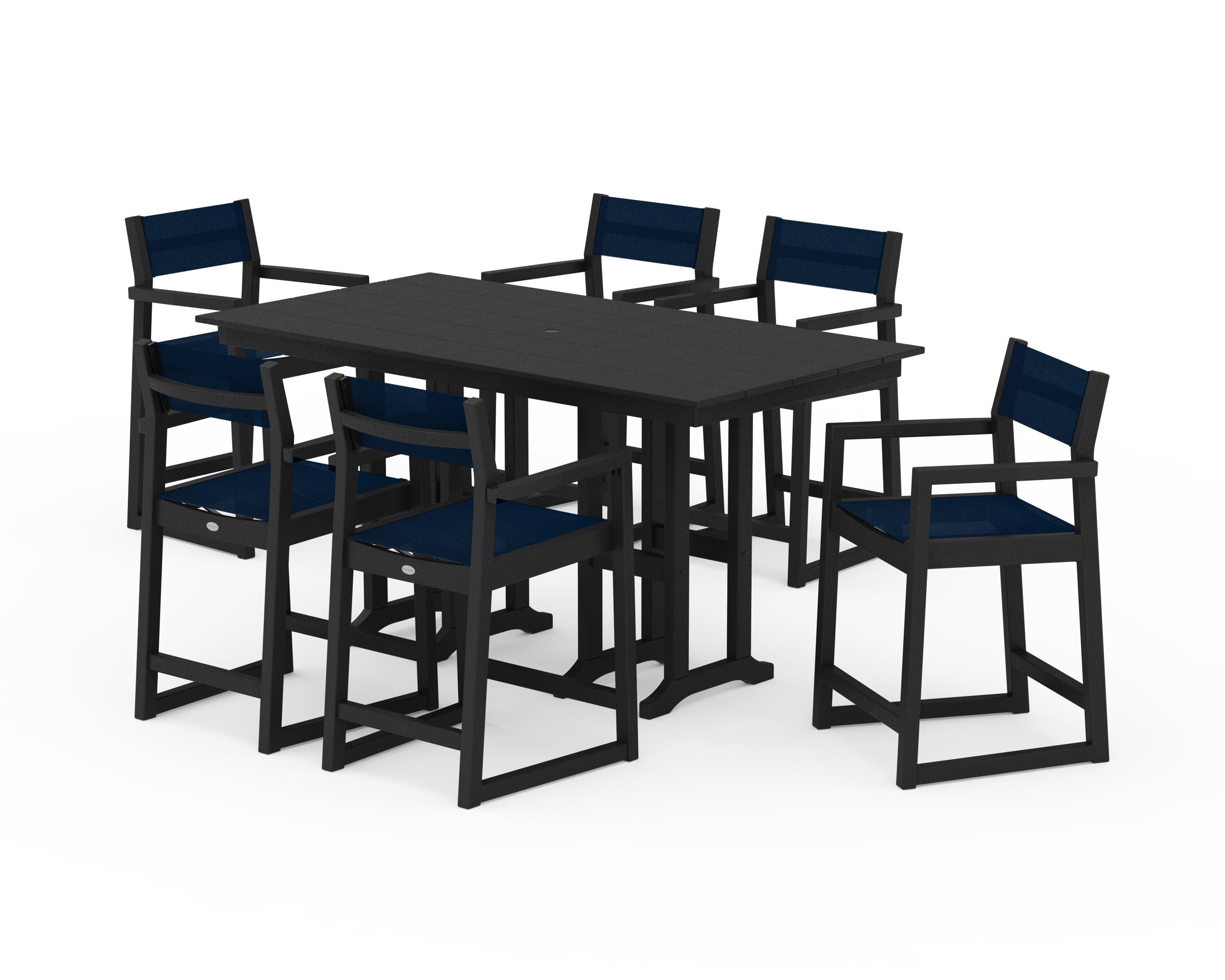 POLYWOOD EDGE Sling Arm Chair 7-Piece Farmhouse Counter Set in Black / Navy Blue Sling