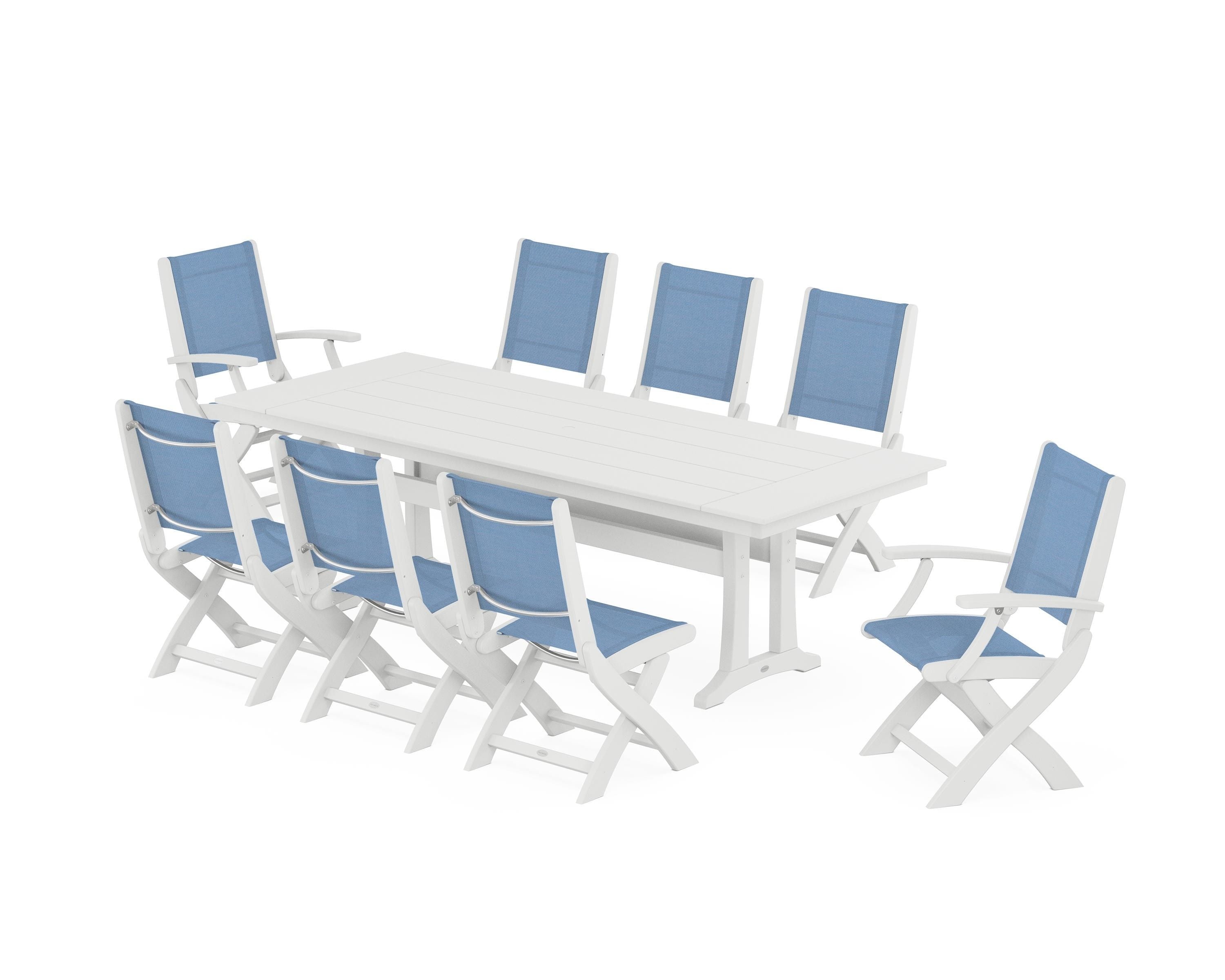 POLYWOOD Coastal 9-Piece Folding Dining Chair Farmhouse Dining Set with Trestle Legs in White / Poolside Sling