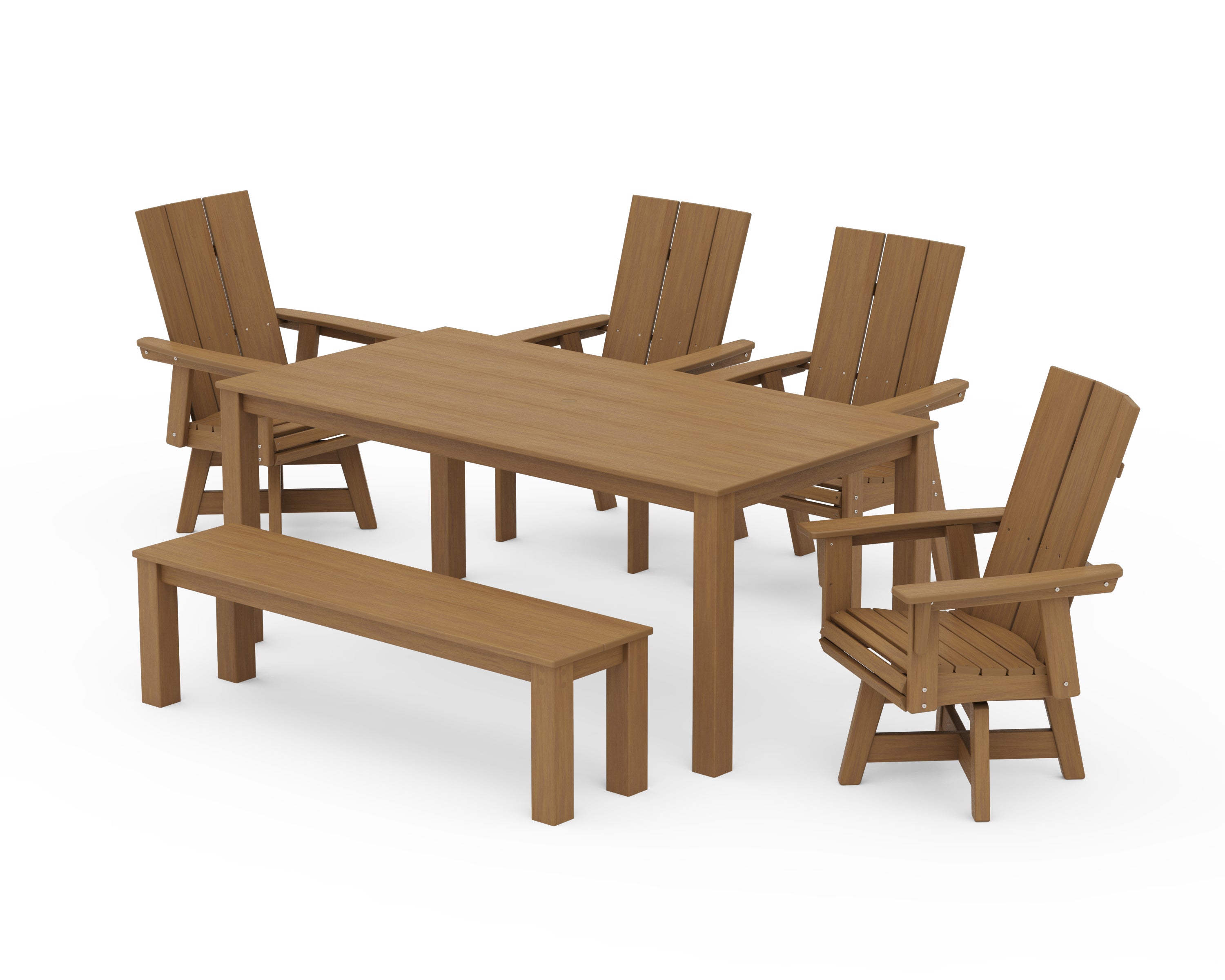 POLYWOOD Modern Curveback Adirondack 6-Piece Parsons Swivel Dining Set with Bench in Natural