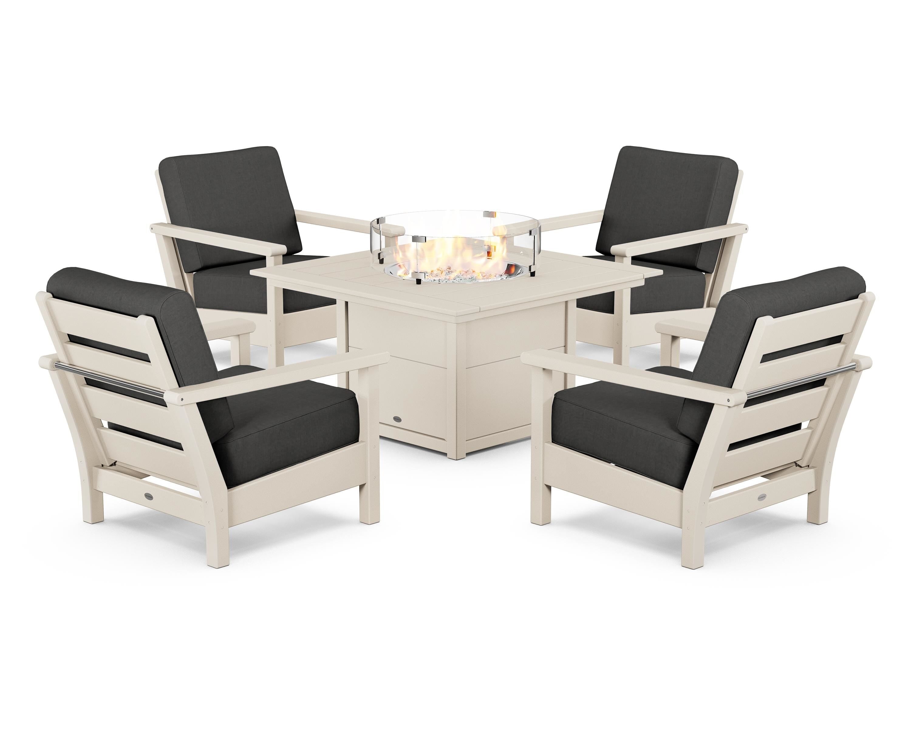 POLYWOOD Harbour 5-Piece Conversation Set with Fire Pit Table in Sand / Spectrum Carbon