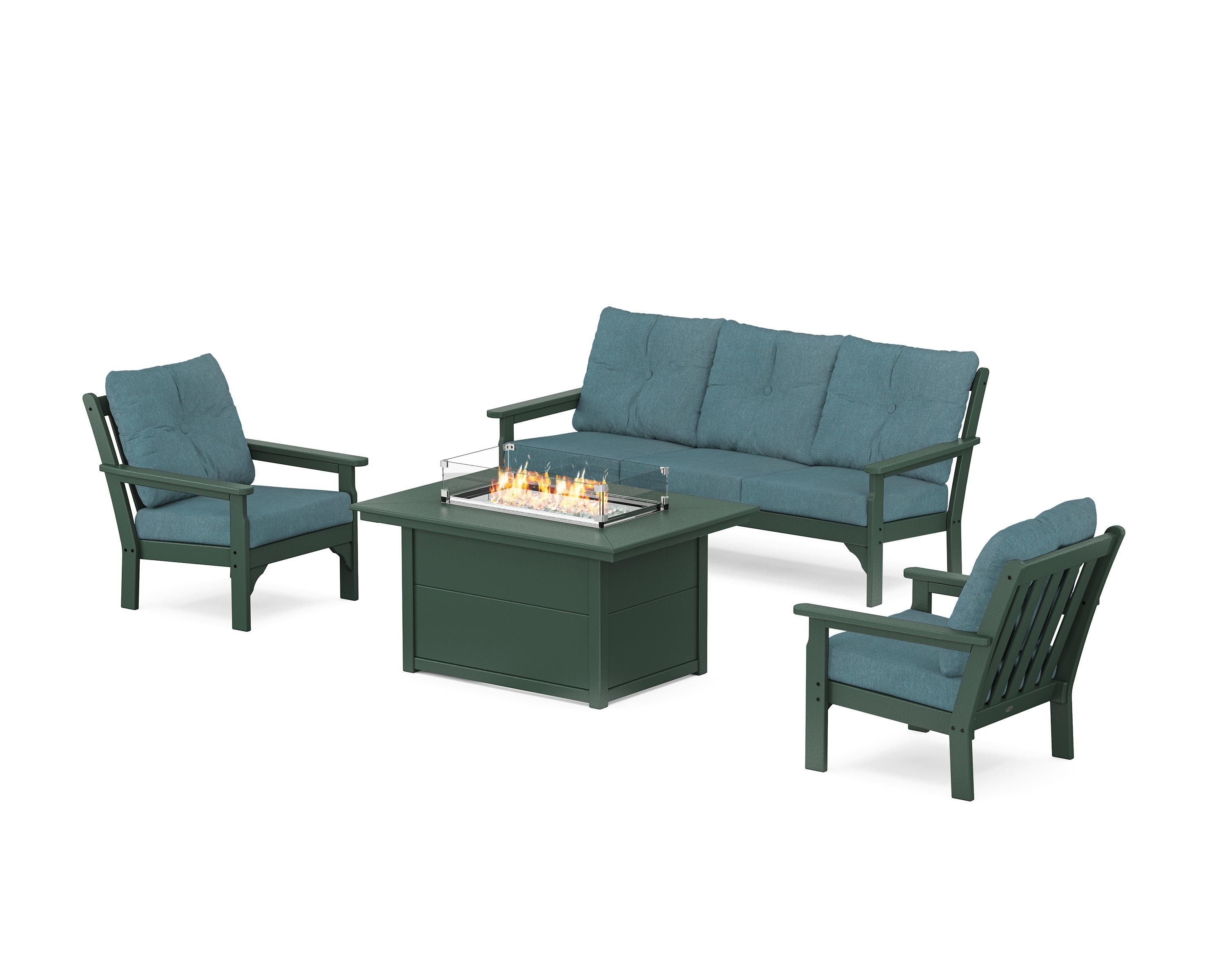 POLYWOOD Vineyard Deep Seating Fire Pit Table Set in Green / Ocean Teal