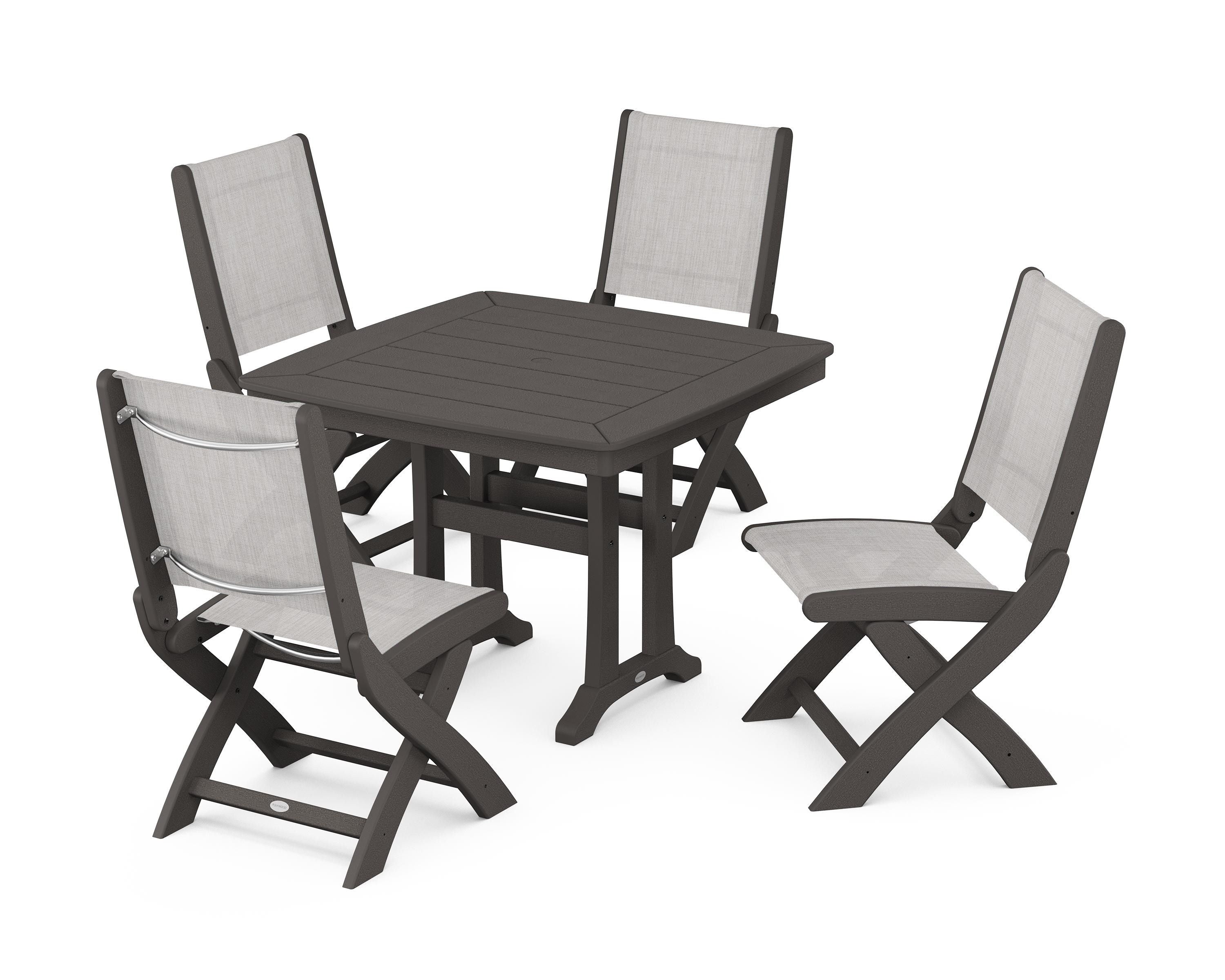 POLYWOOD Coastal Folding Side Chair 5-Piece Dining Set with Trestle Legs in Vintage Coffee / Parchment Sling