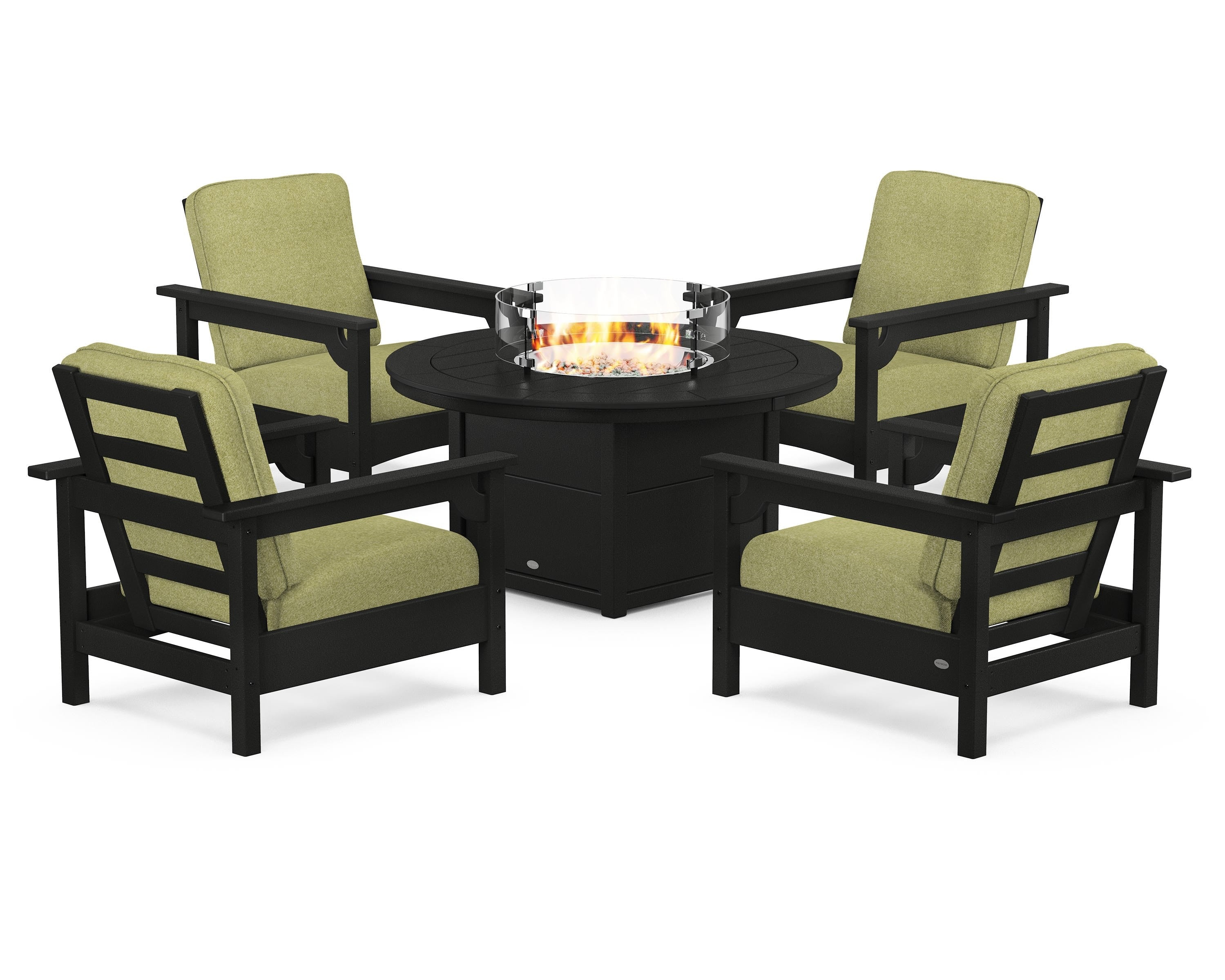 POLYWOOD Club 5-Piece Conversation Set with Fire Pit Table in Black / Chartreuse Boucle
