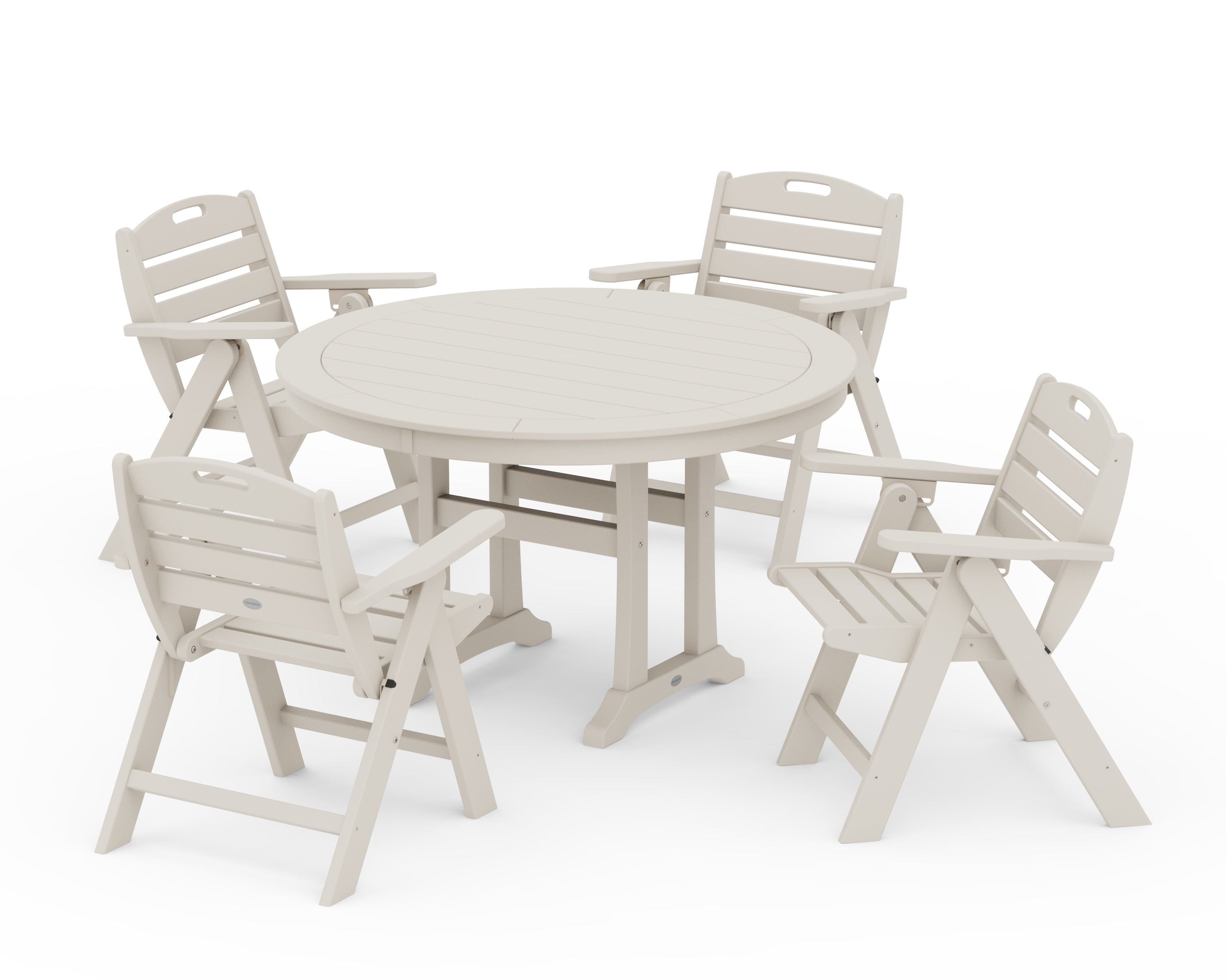 POLYWOOD Nautical Folding Lowback Chair 5-Piece Round Dining Set With Trestle Legs in Sand