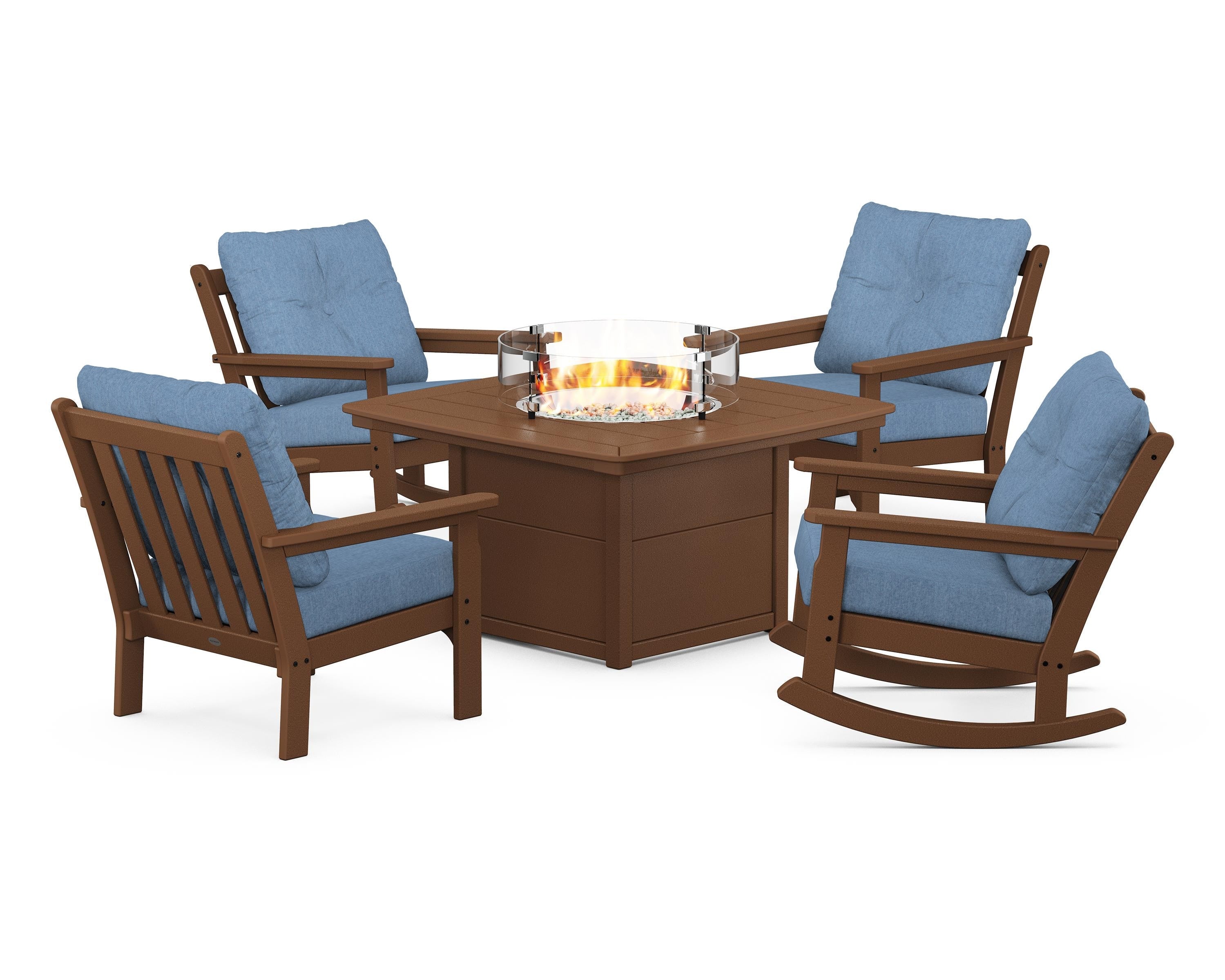 POLYWOOD Vineyard 5-Piece Deep Seating Rocking Chair Conversation Set with Fire Pit Table in Teak / Sky Blue