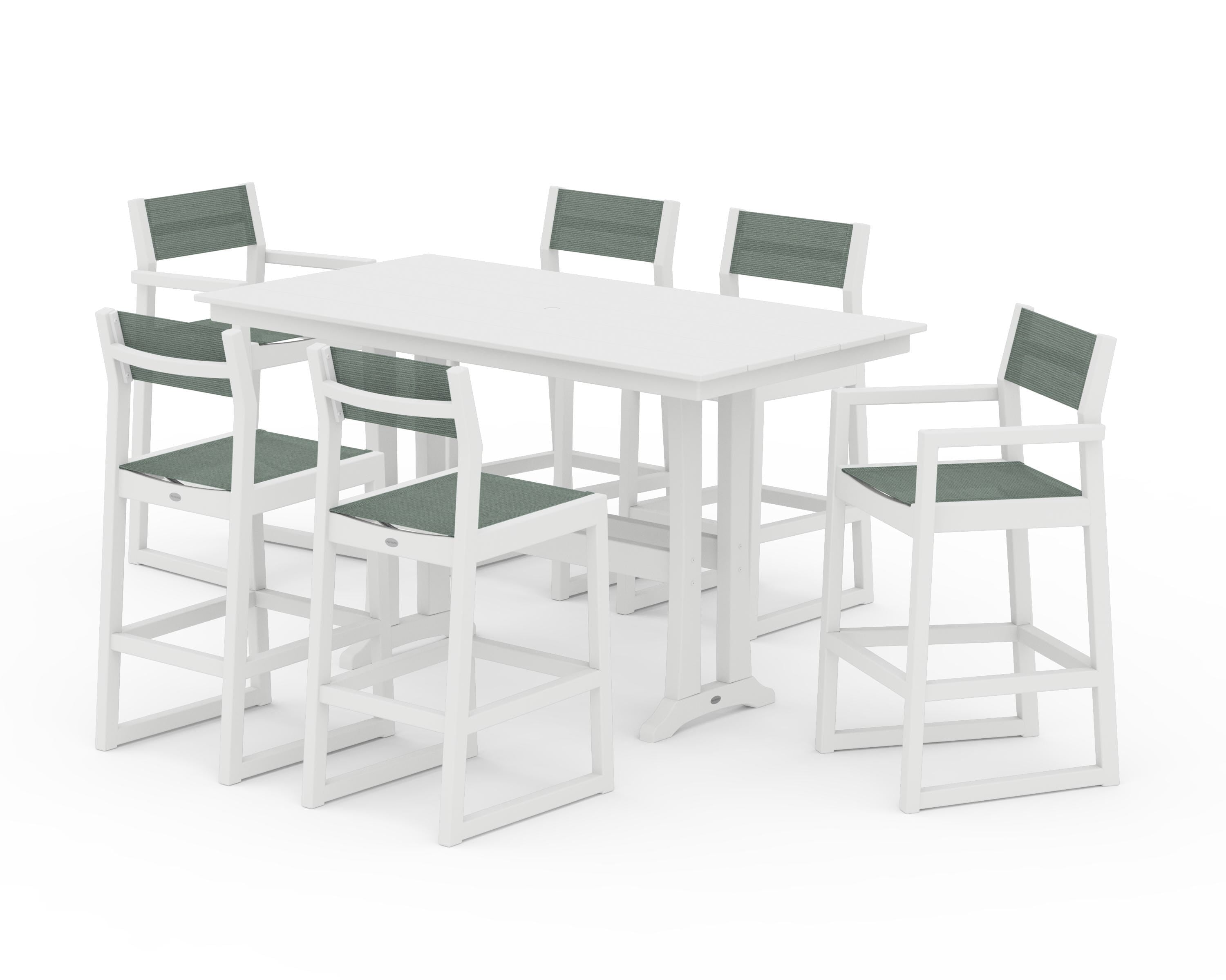 POLYWOOD EDGE Sling 7-Piece Farmhouse Bar Set with Trestle Legs in White / Dupioni Sea Mist Sling