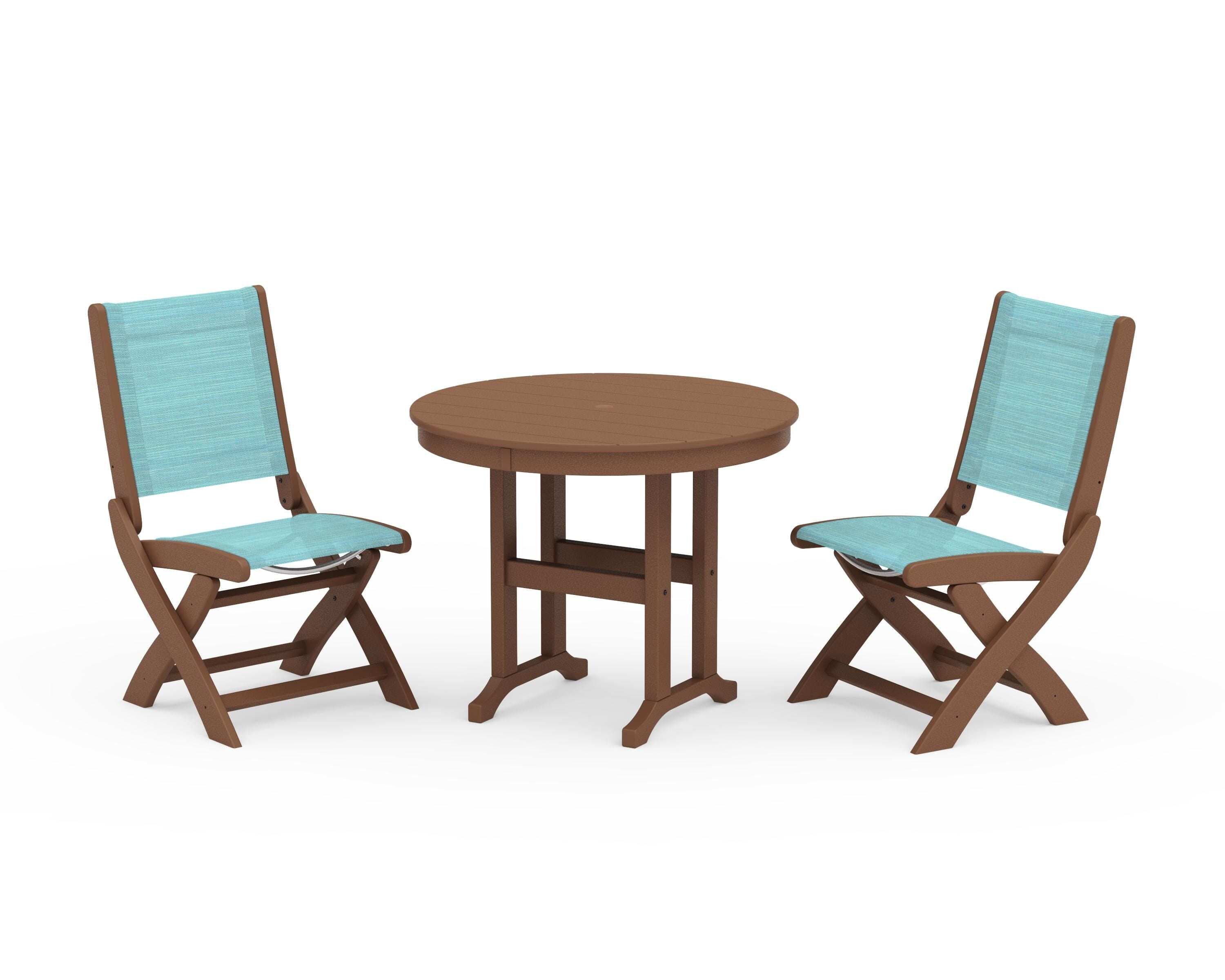 POLYWOOD Coastal Folding Side Chair 3-Piece Round Dining Set in Teak / Dupioni Aquamarine Sling