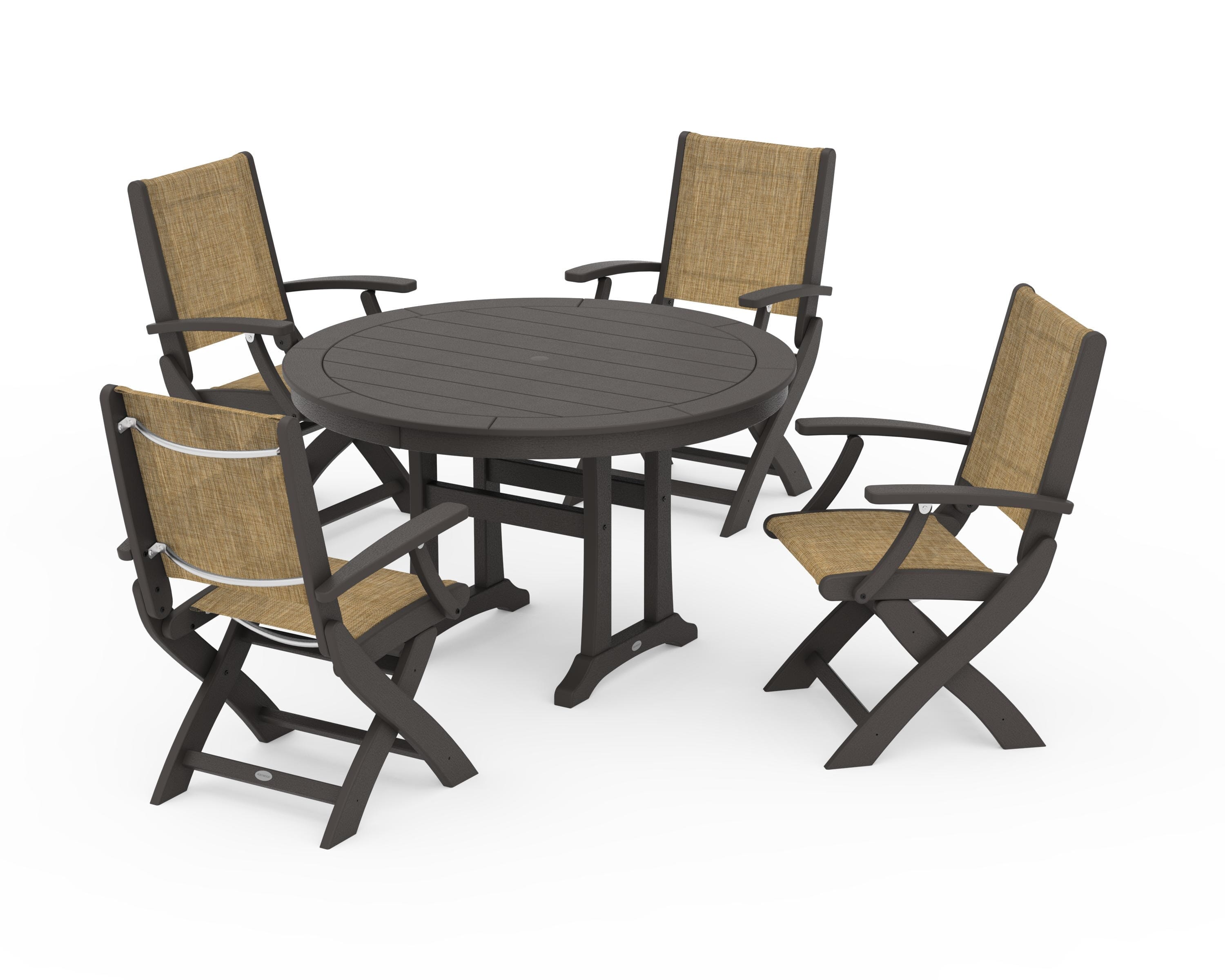 POLYWOOD Coastal Folding Chair 5-Piece Round Dining Set with Trestle Legs in Vintage Coffee / Burlap Sling