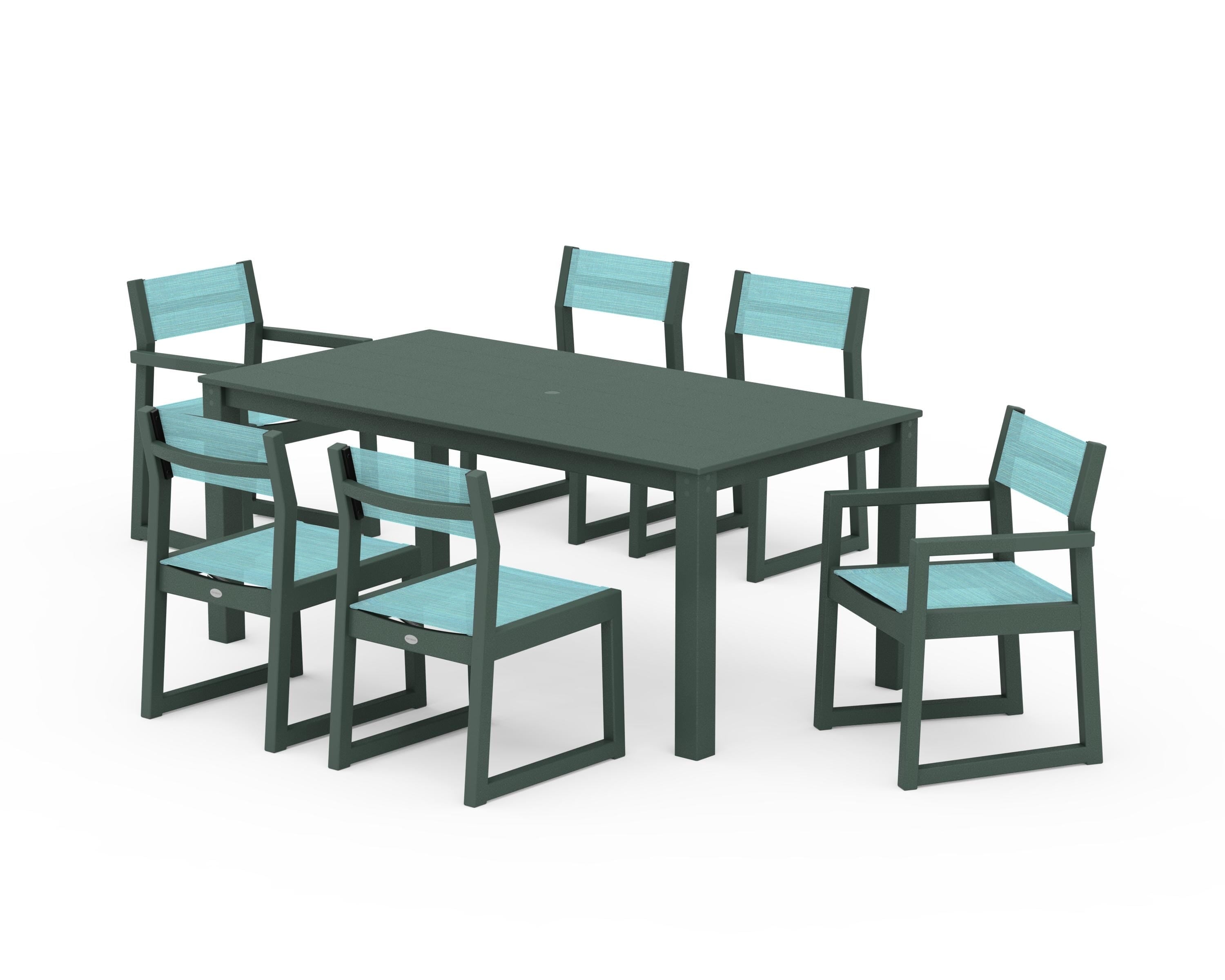 POLYWOOD EDGE Sling 7-Piece Parsons Dining Set in Green / Dupioni Aquamarine Sling
