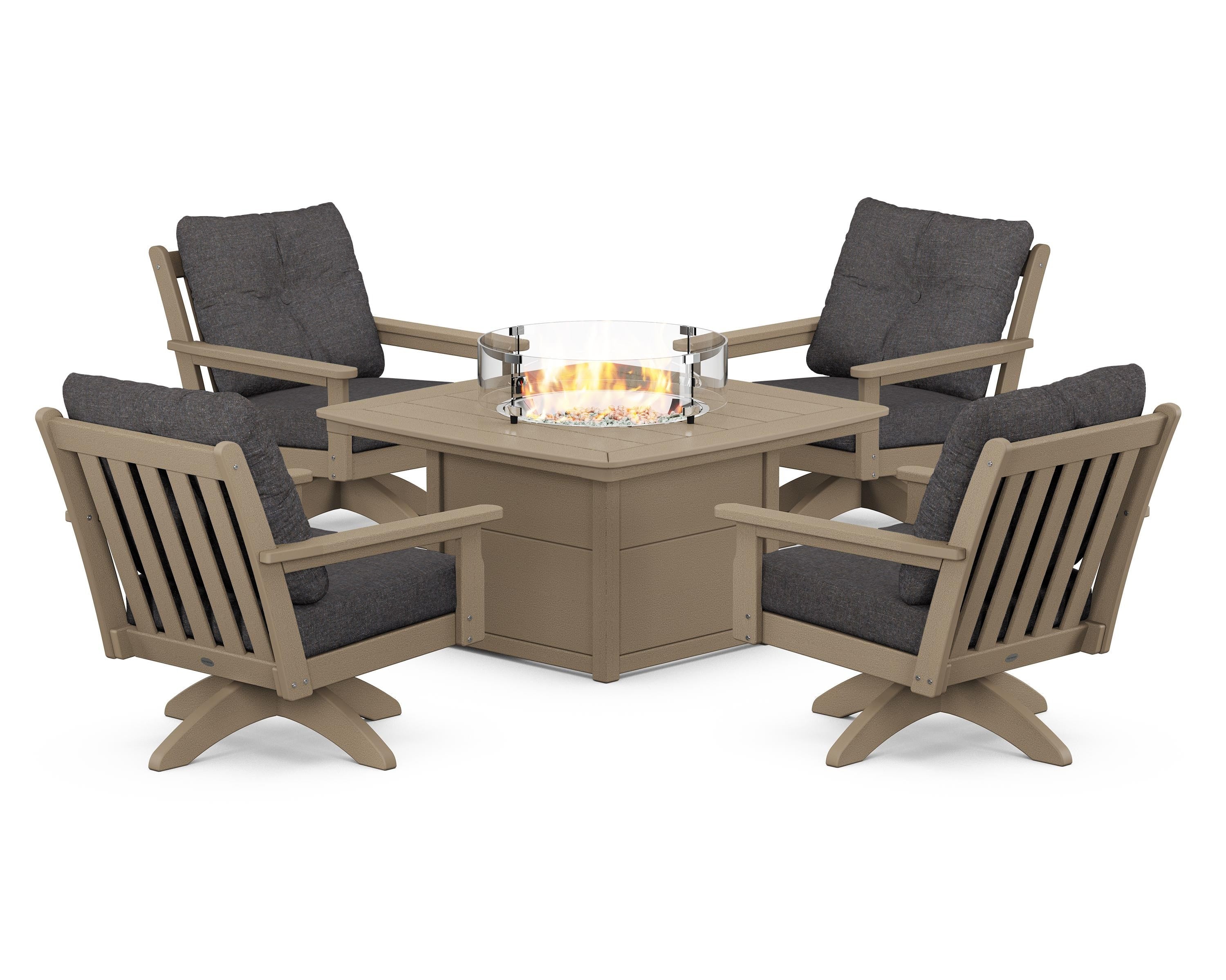 POLYWOOD Vineyard 5-Piece Deep Seating Swivel Conversation Set with Fire Pit Table in Vintage Sahara / Ash Charcoal