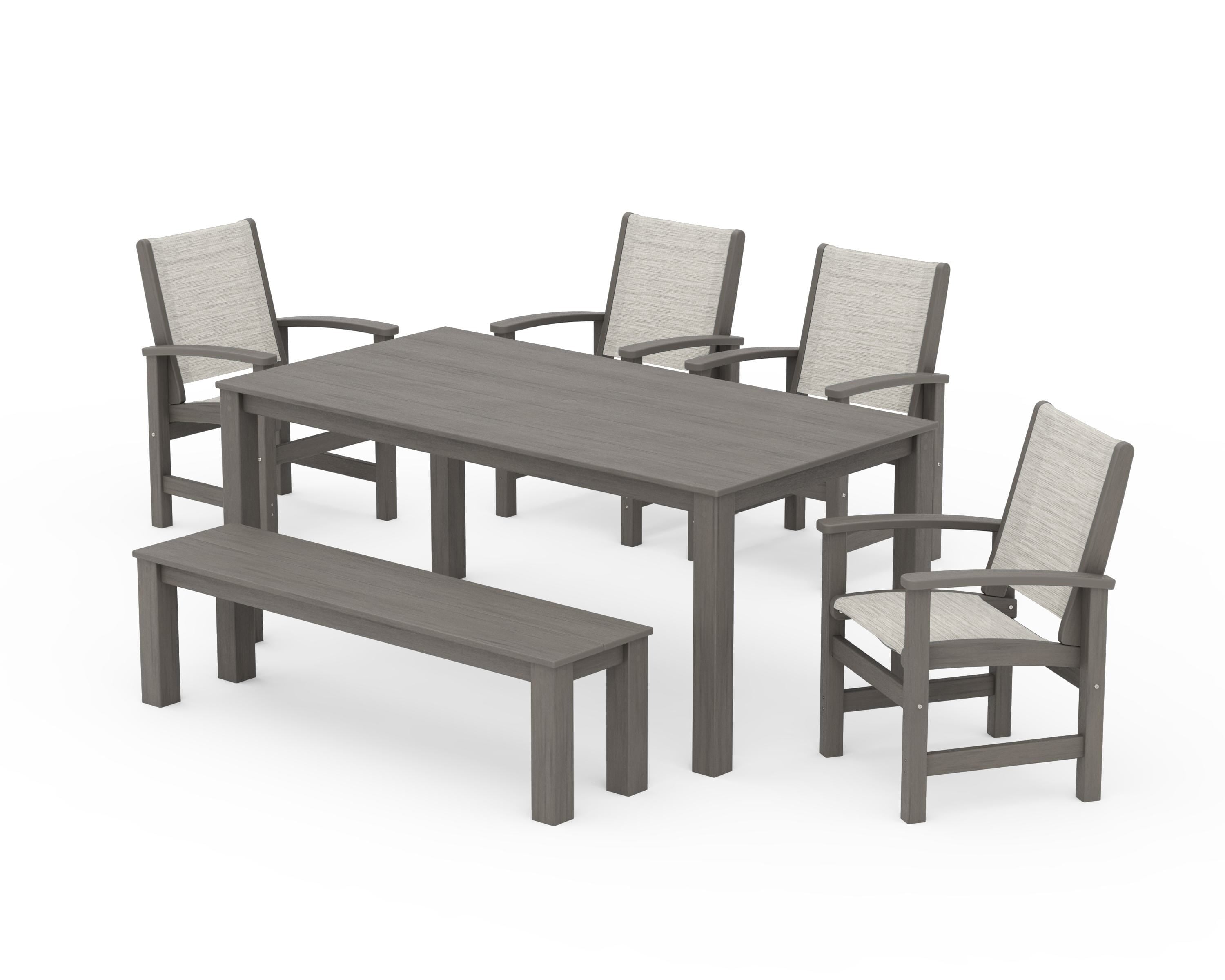 POLYWOOD Coastal 6-Piece Parsons Dining Set with Bench in Driftwood / Birch Sling
