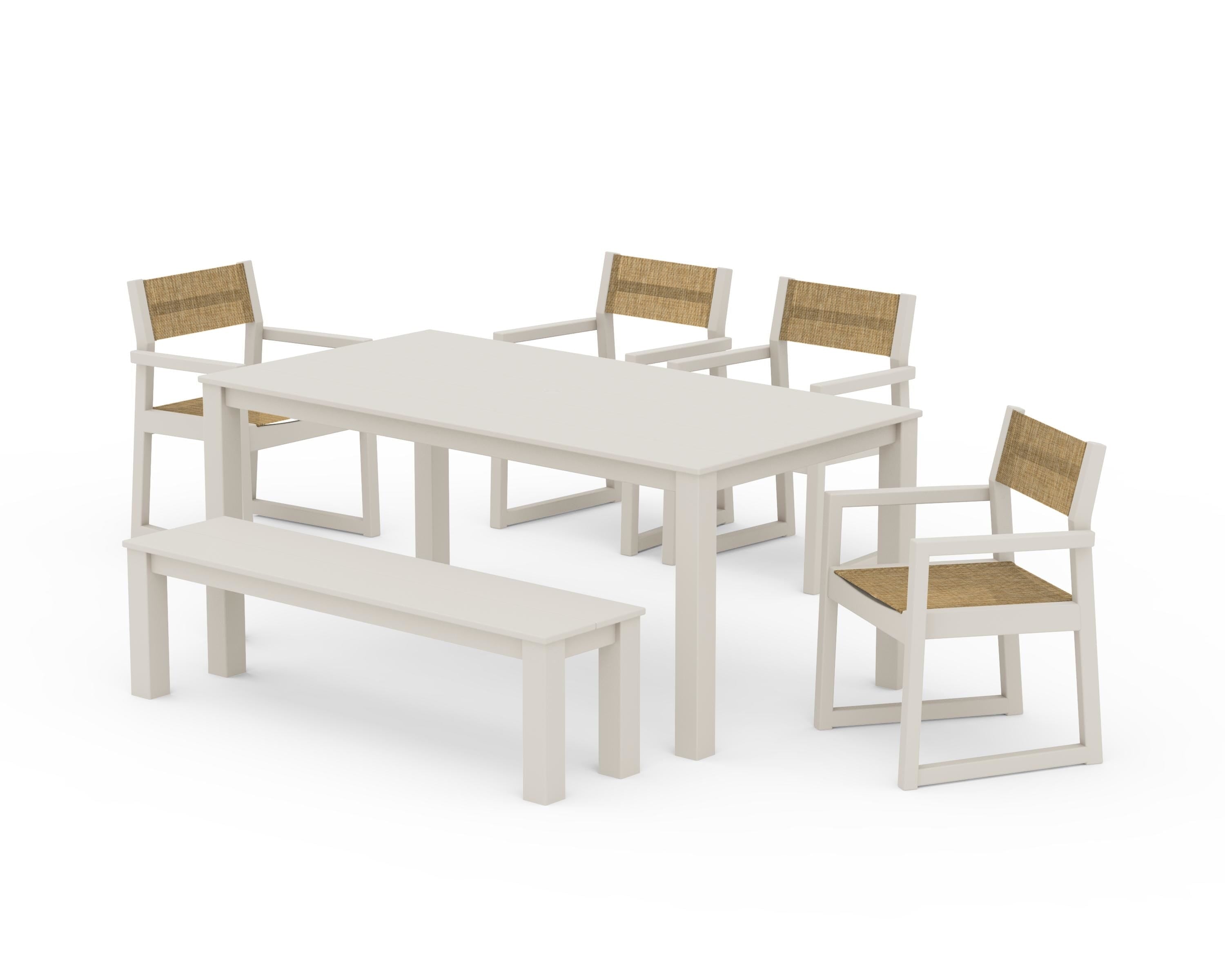 POLYWOOD EDGE Sling Arm Chair 6-Piece Parsons Dining Set with Bench in Sand / Burlap Sling