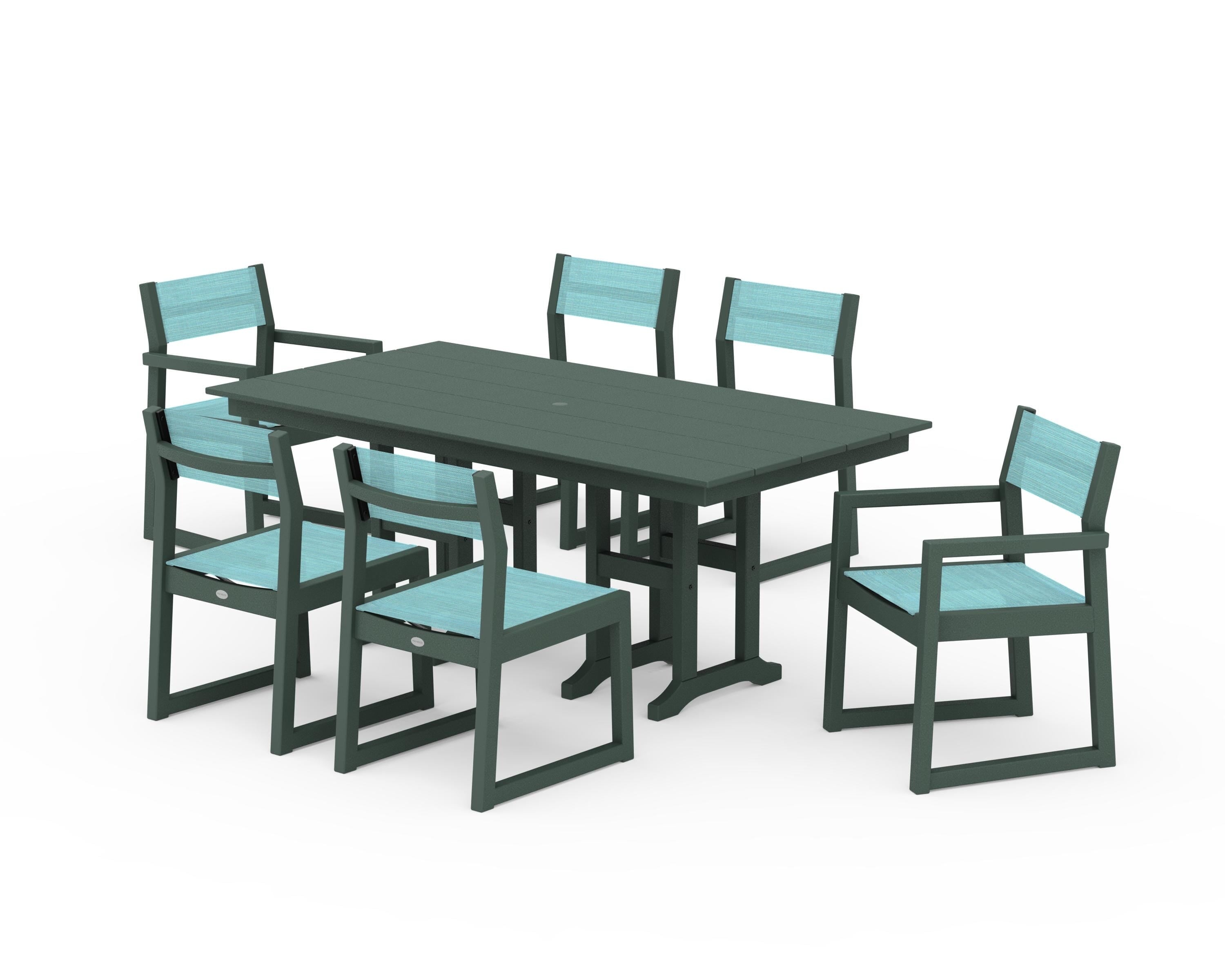 POLYWOOD EDGE Sling 7-Piece Farmhouse Dining Set in Green / Dupioni Aquamarine Sling