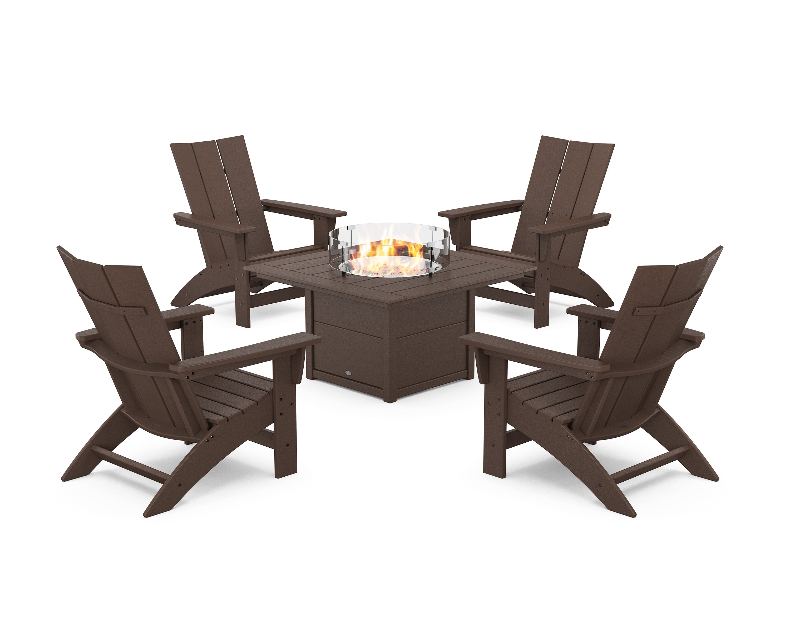 POLYWOOD 5-Piece Modern Grand Adirondack Conversation Set with Fire Pit Table in Mahogany