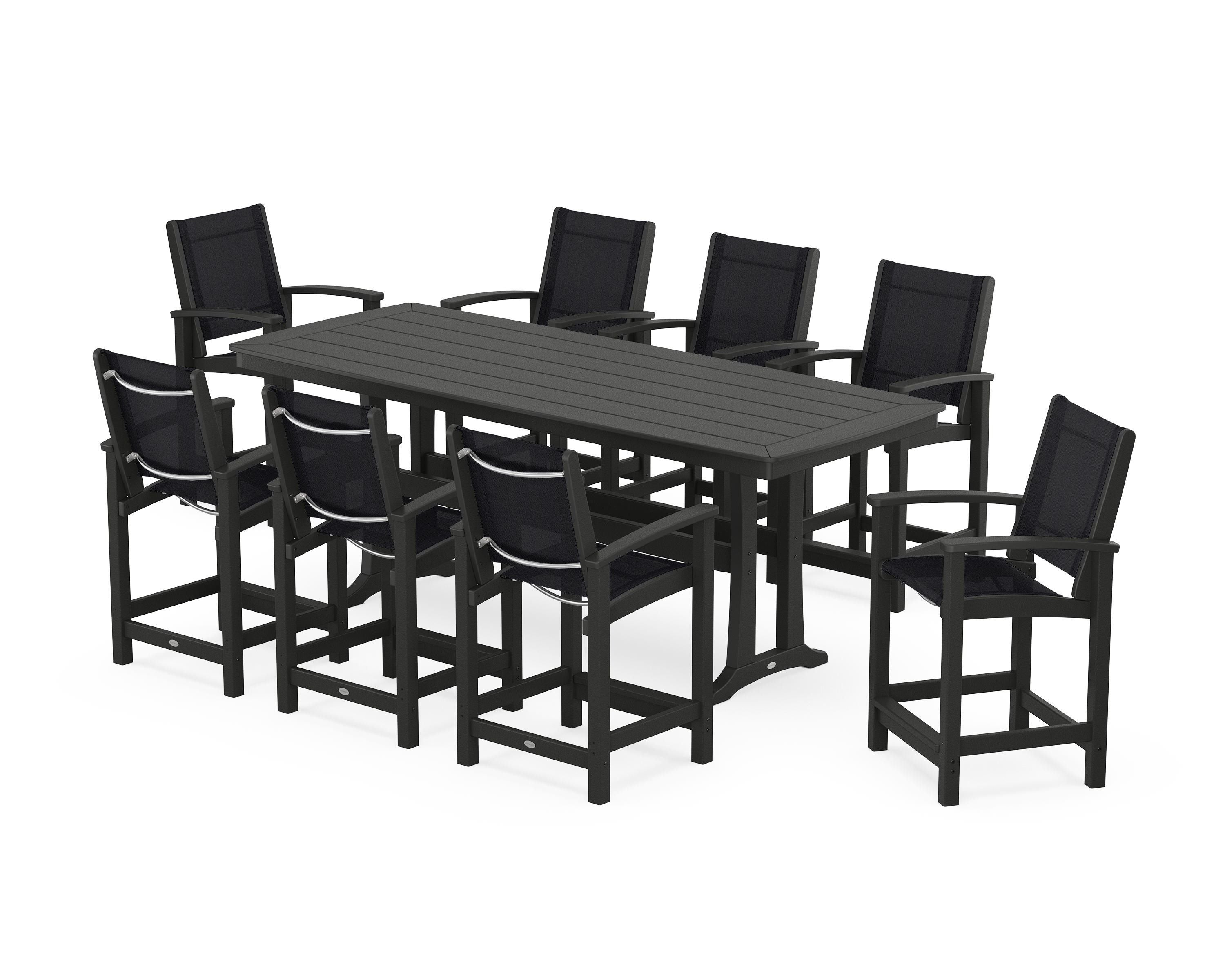 POLYWOOD Coastal 9-Piece Counter Set with Trestle Legs in Black / Black Sling