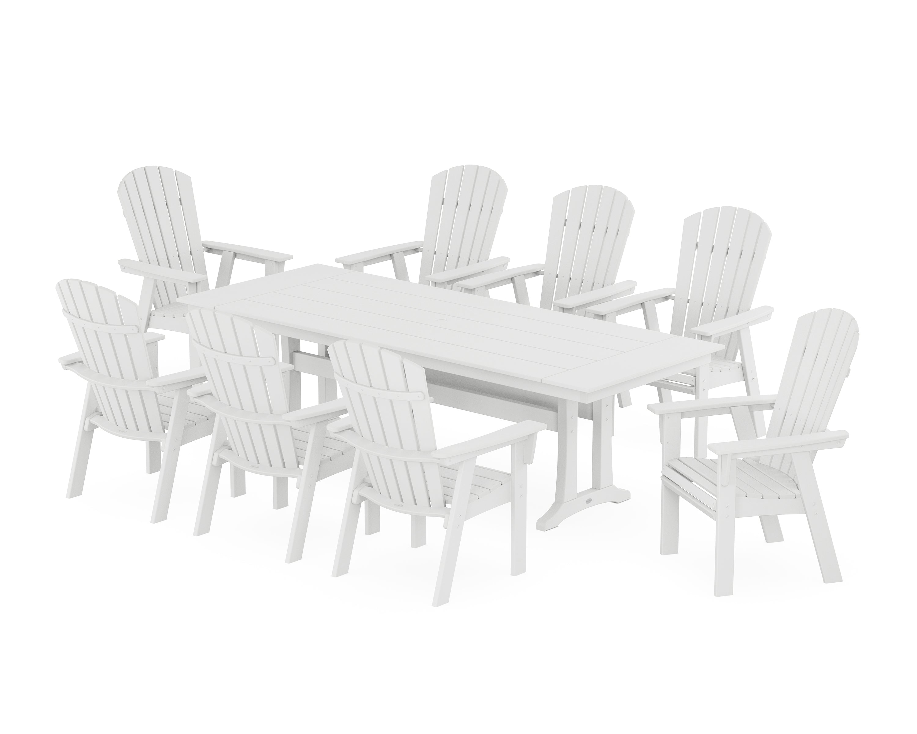 POLYWOOD® Nautical 9-Piece Curveback Adirondack Farmhouse Dining Set with Trestle Legs in White