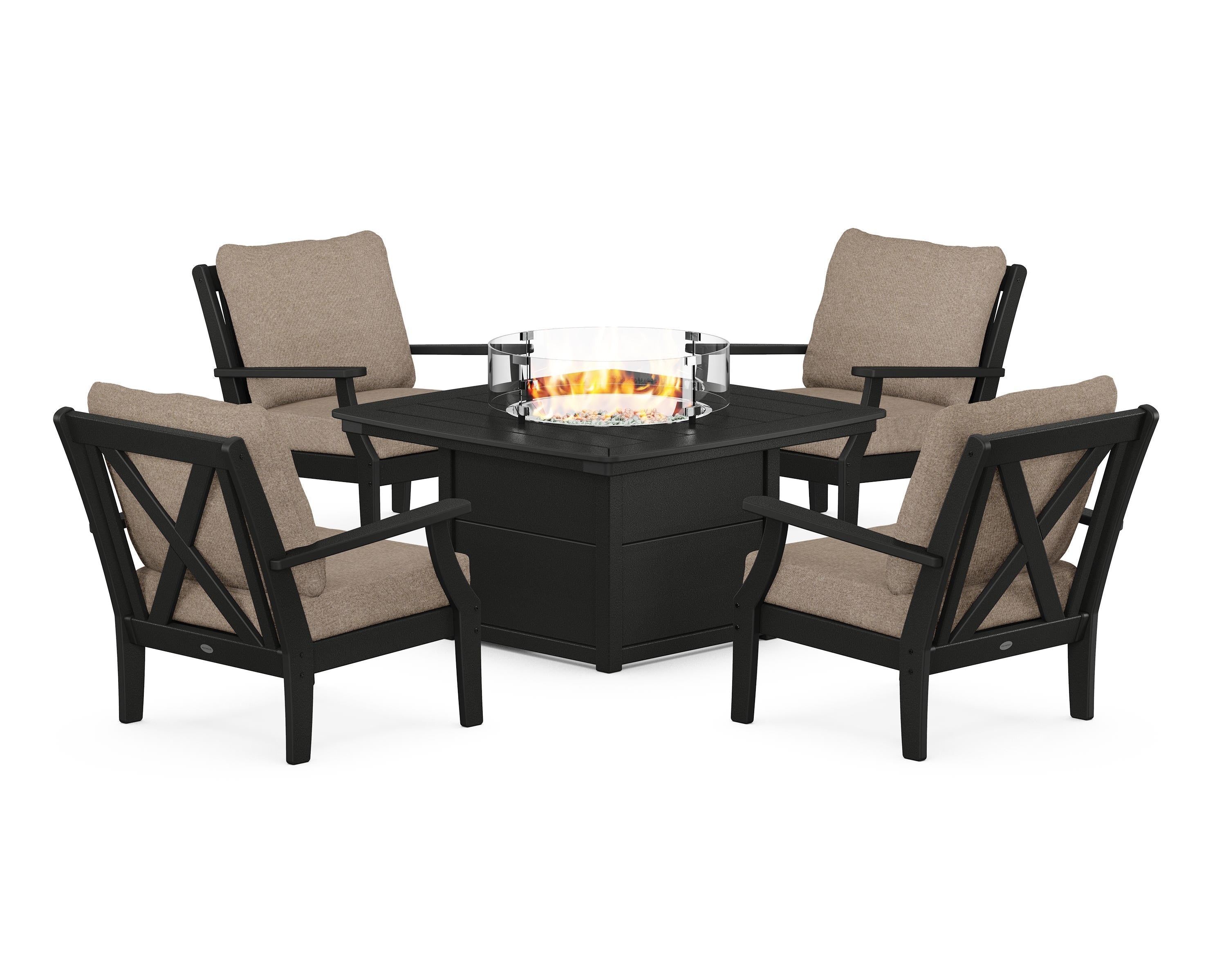 POLYWOOD Braxton 5-Piece Deep Seating Conversation Set with Fire Pit Table in Black / Spiced Burlap