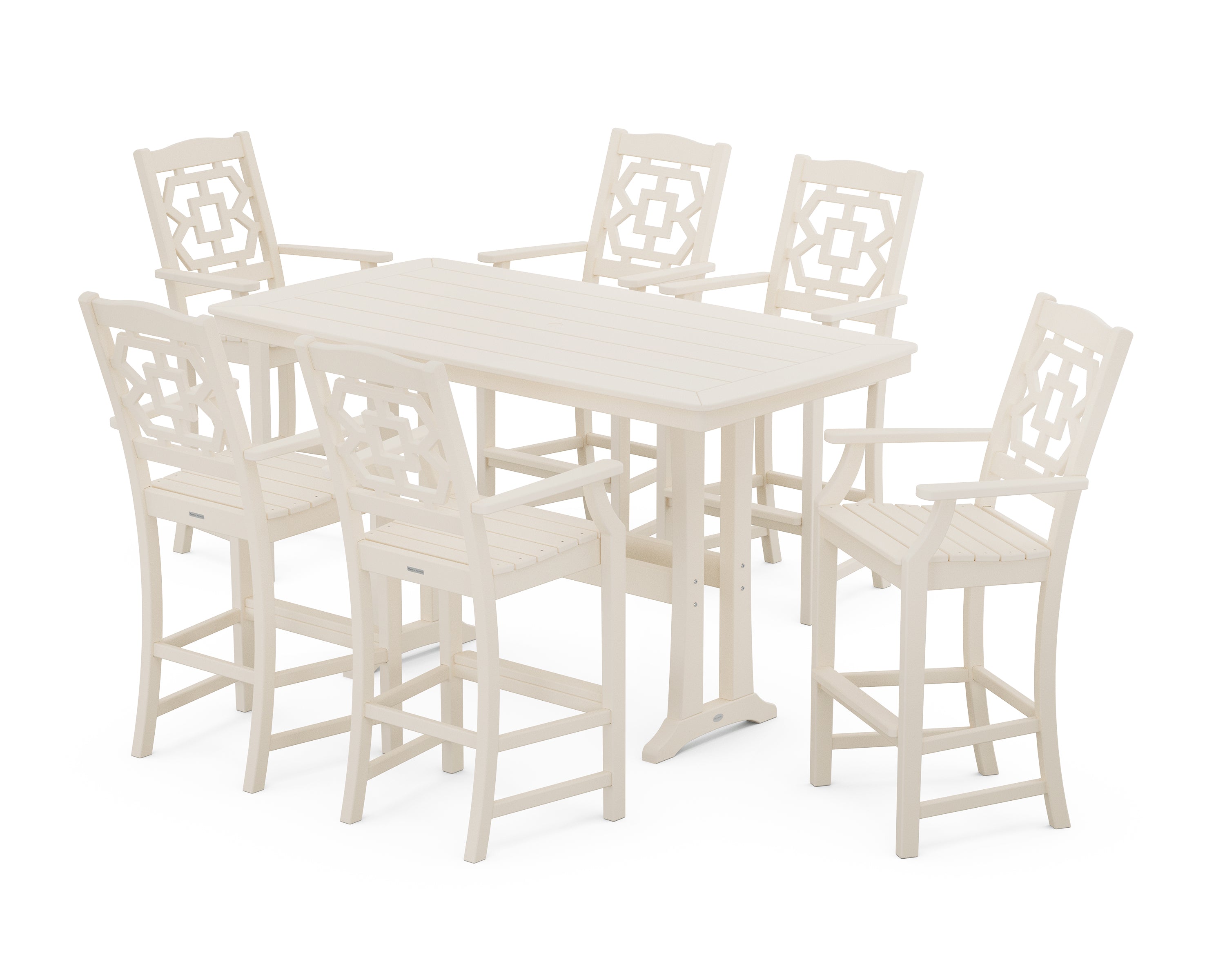 Martha Stewart by POLYWOOD® Chinoiserie Arm Chair 7-Piece Bar Set with Trestle Legs in Sand