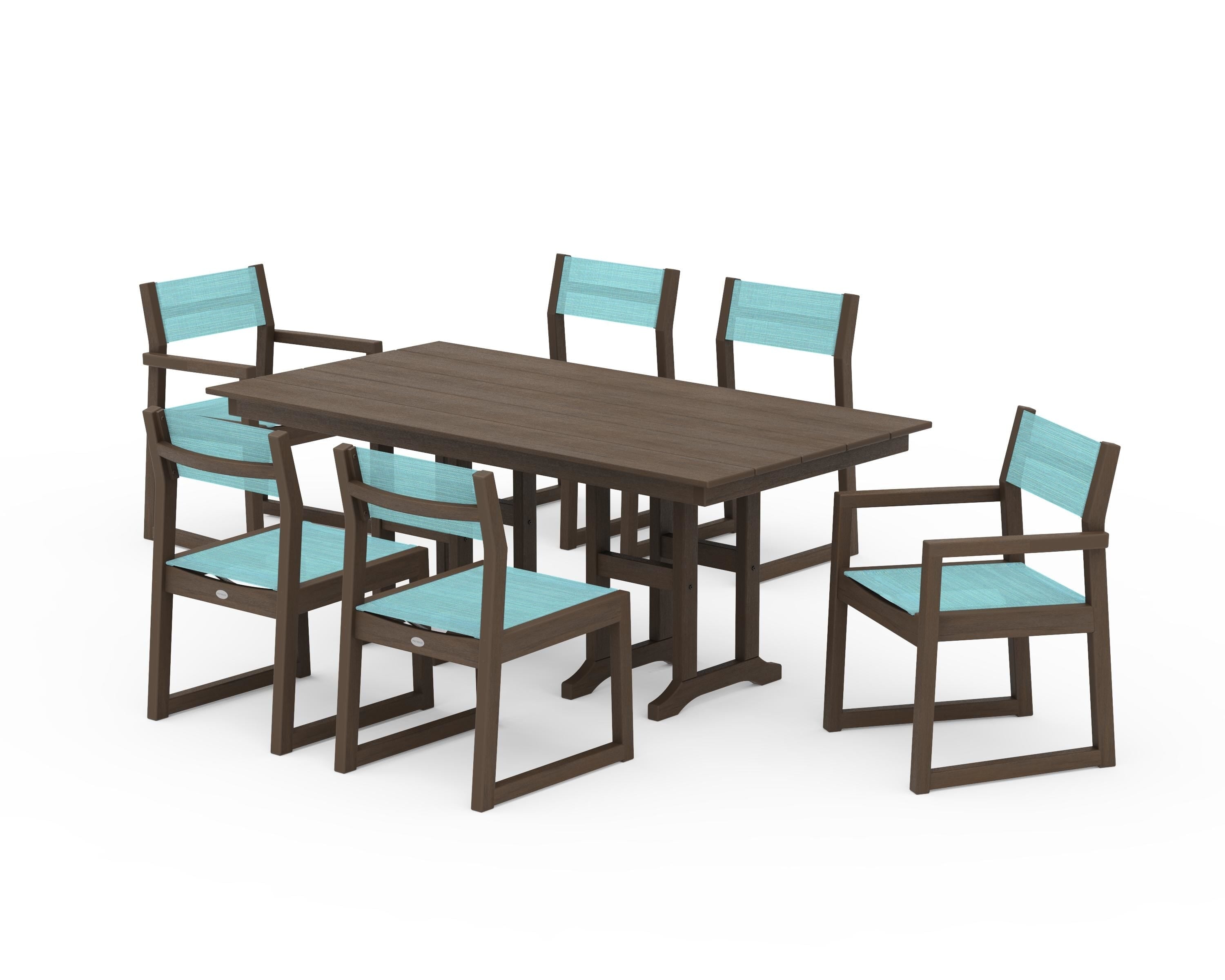 POLYWOOD EDGE Sling 7-Piece Farmhouse Dining Set in Kona / Dupioni Aquamarine Sling