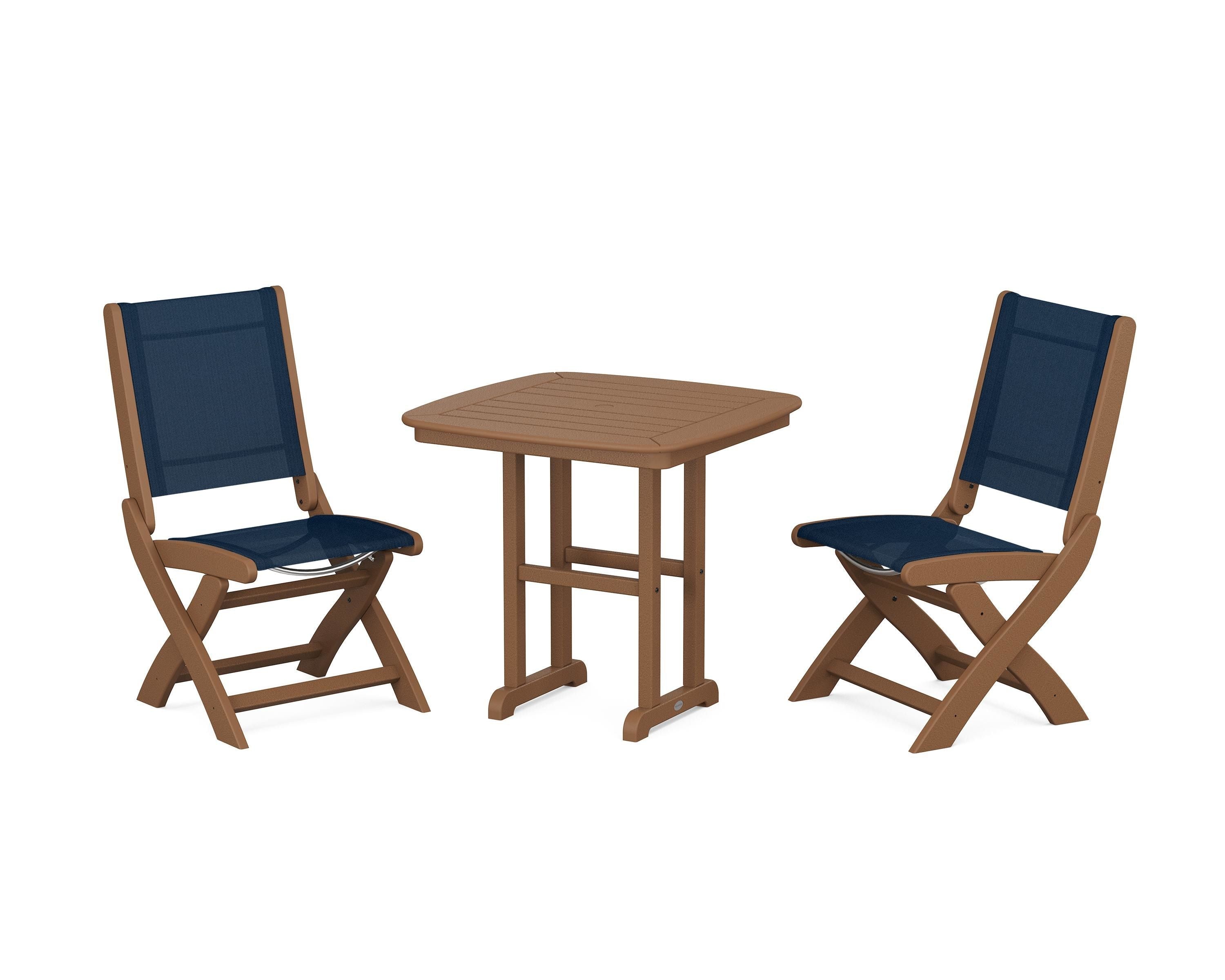 POLYWOOD Coastal Folding Side Chair 3-Piece Dining Set in Teak / Navy Blue Sling
