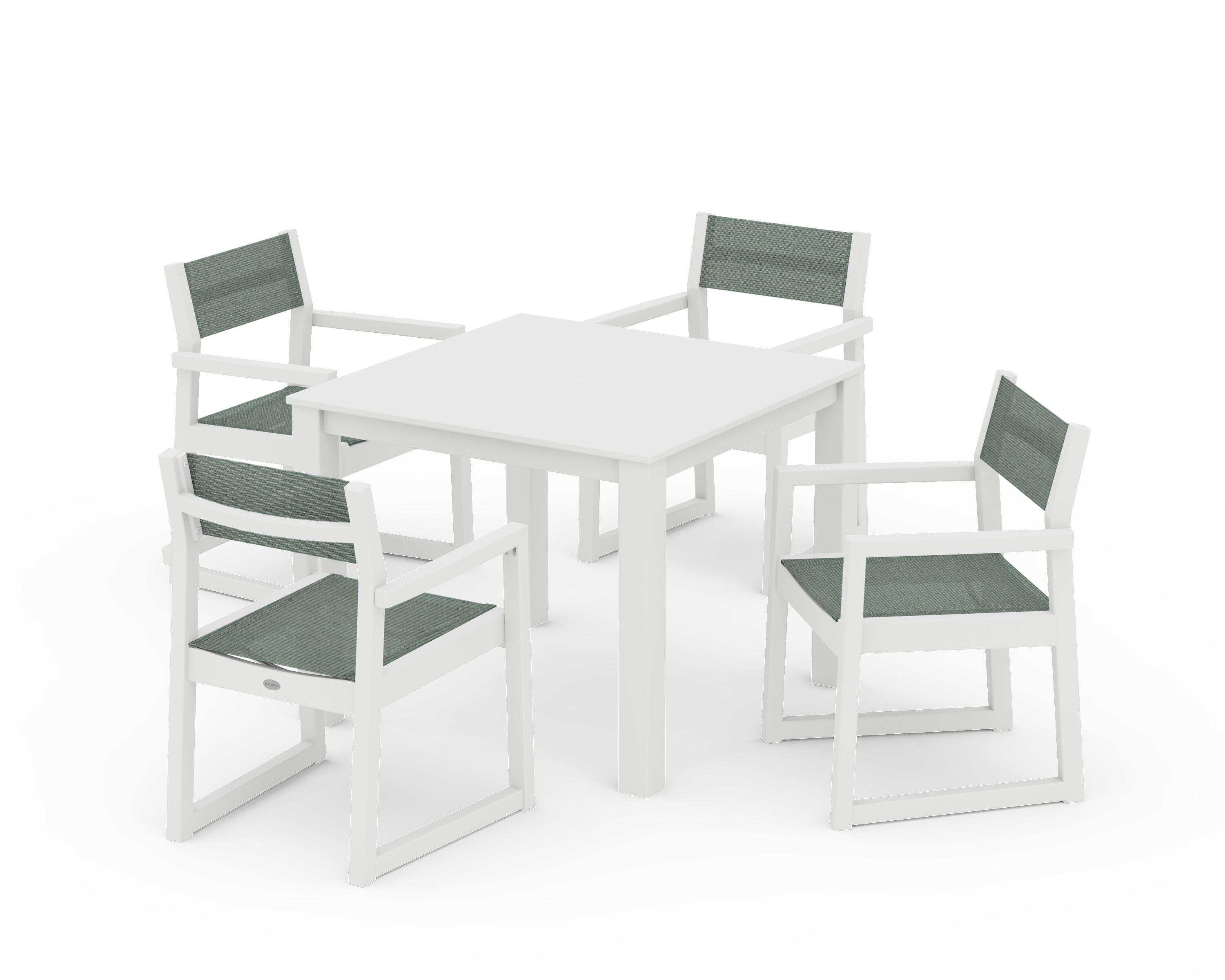 POLYWOOD EDGE Sling Arm Chair 5-Piece Parsons Dining Set in White / Dupioni Sea Mist Sling